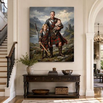 Personalized Highland Warrior Family Canvas Print, Custom Dad and Kids Scottish Portrait Wall Art