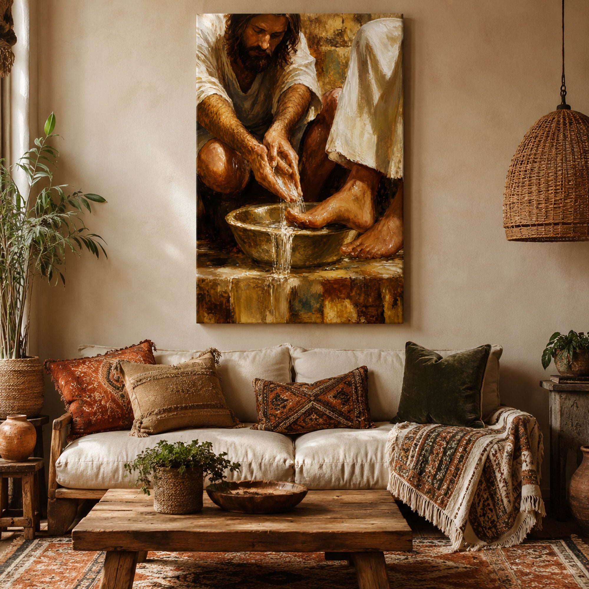 Jesus Washing Feet Canvas Print, Christian Bible Wall Art, Humility and Faith Home Decor