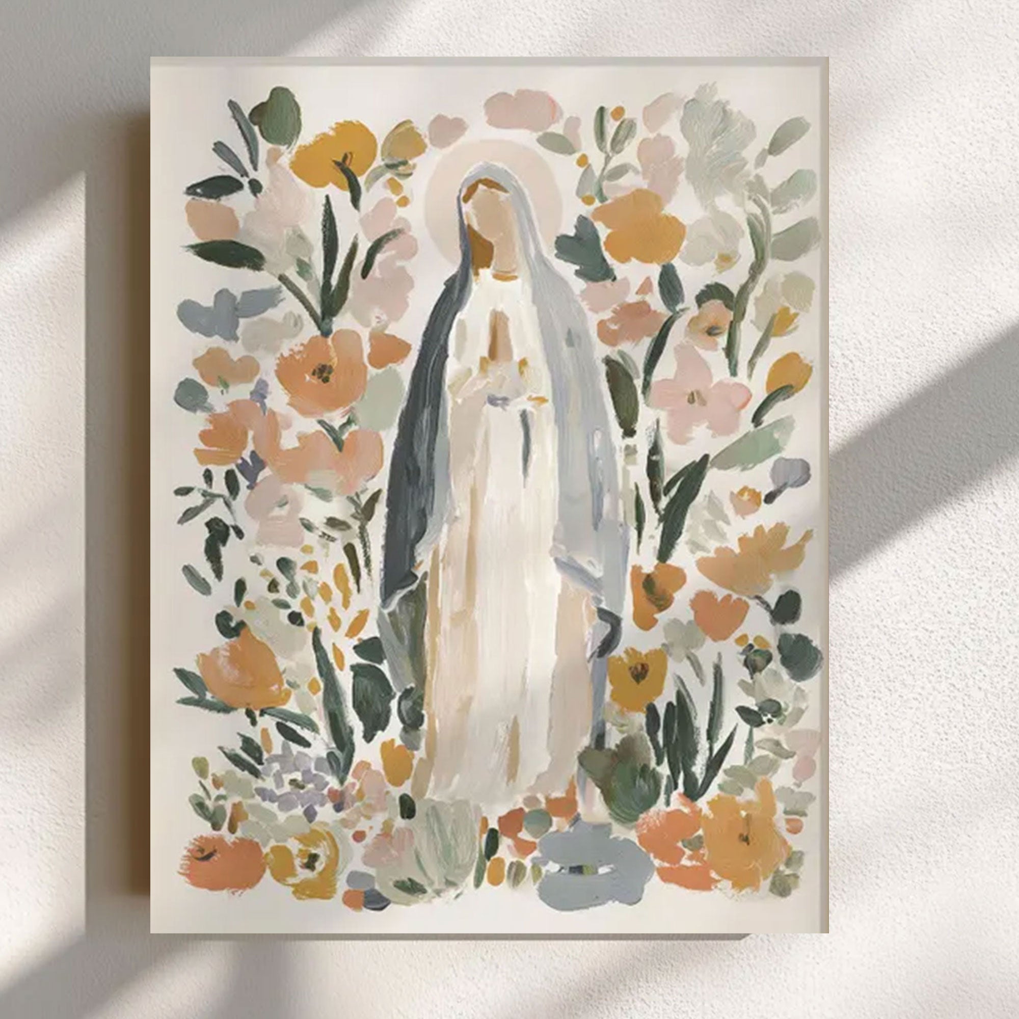Blessed Mother of God Floral Canvas Wall Art, Virgin Mary Catholic Modern Decor, Our Lady Gift