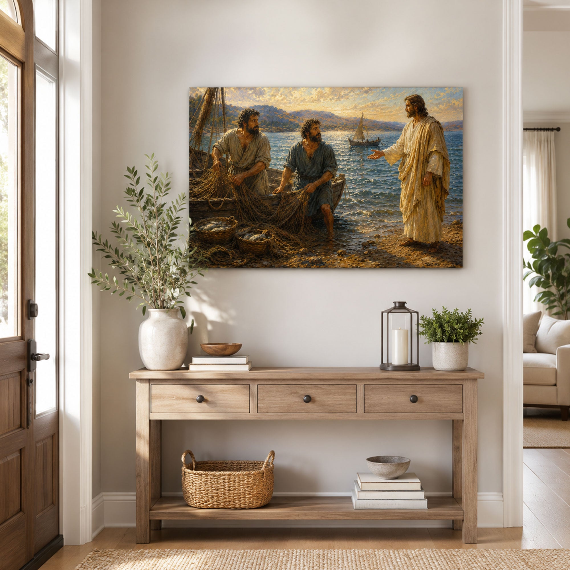 Miraculous Catch of Fish Canvas Print, Jesus and Disciples Luke 5 Christian Wall Decor, Faith Gift