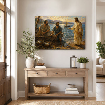 Miraculous Catch of Fish Canvas Print, Jesus and Disciples Luke 5 Christian Wall Decor, Faith Gift