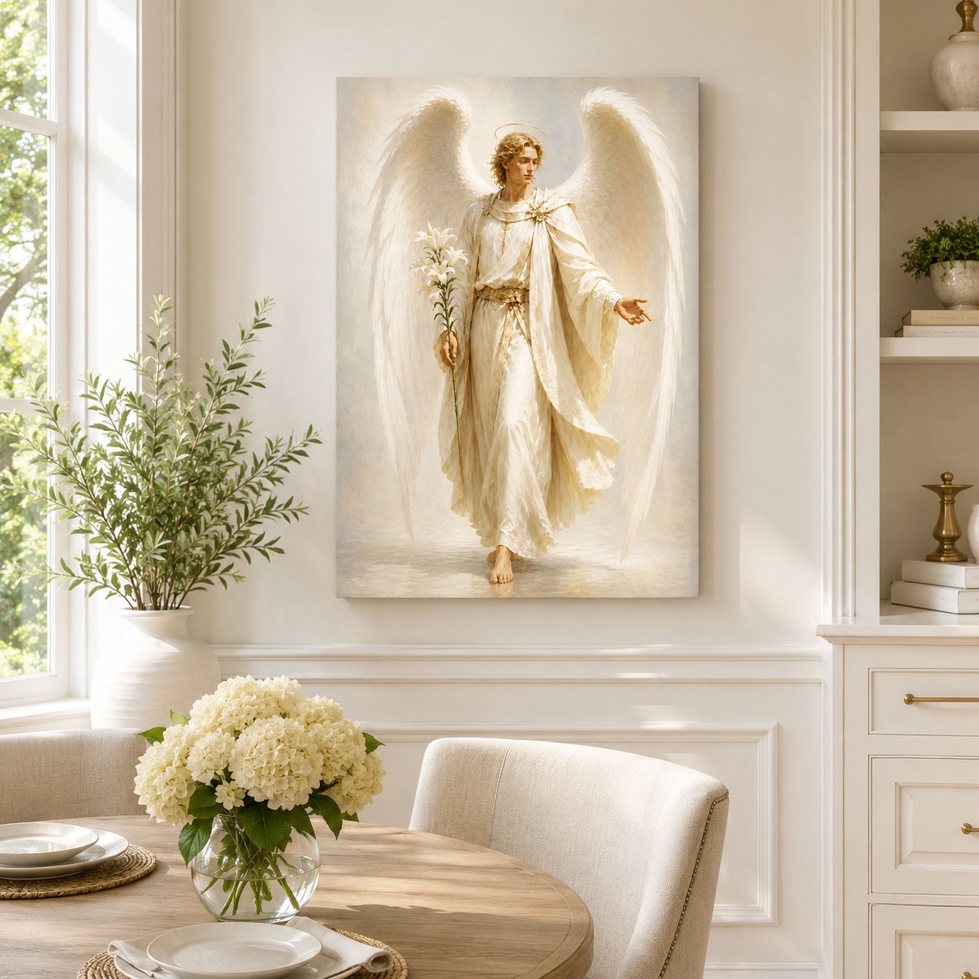 Archangel Gabriel with Lily Canvas Print, Catholic Messenger Angel Wall Art, White and Gold Faith Home Decor Gift