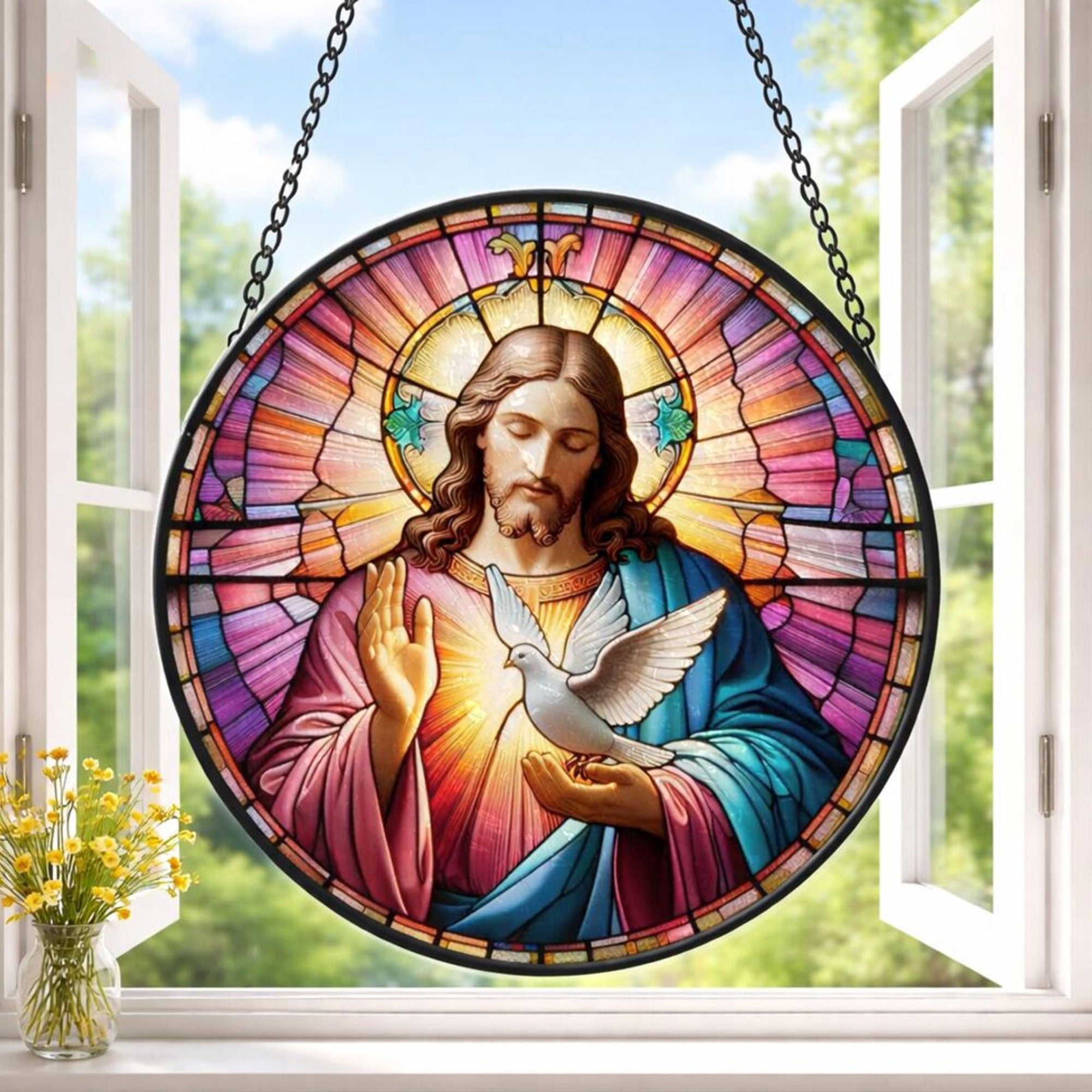Jesus and Dove Stained Glass Suncatcher, Christian Window Hanging Decor, Holy Spirit Faith Gift, Religious Home Ornament
