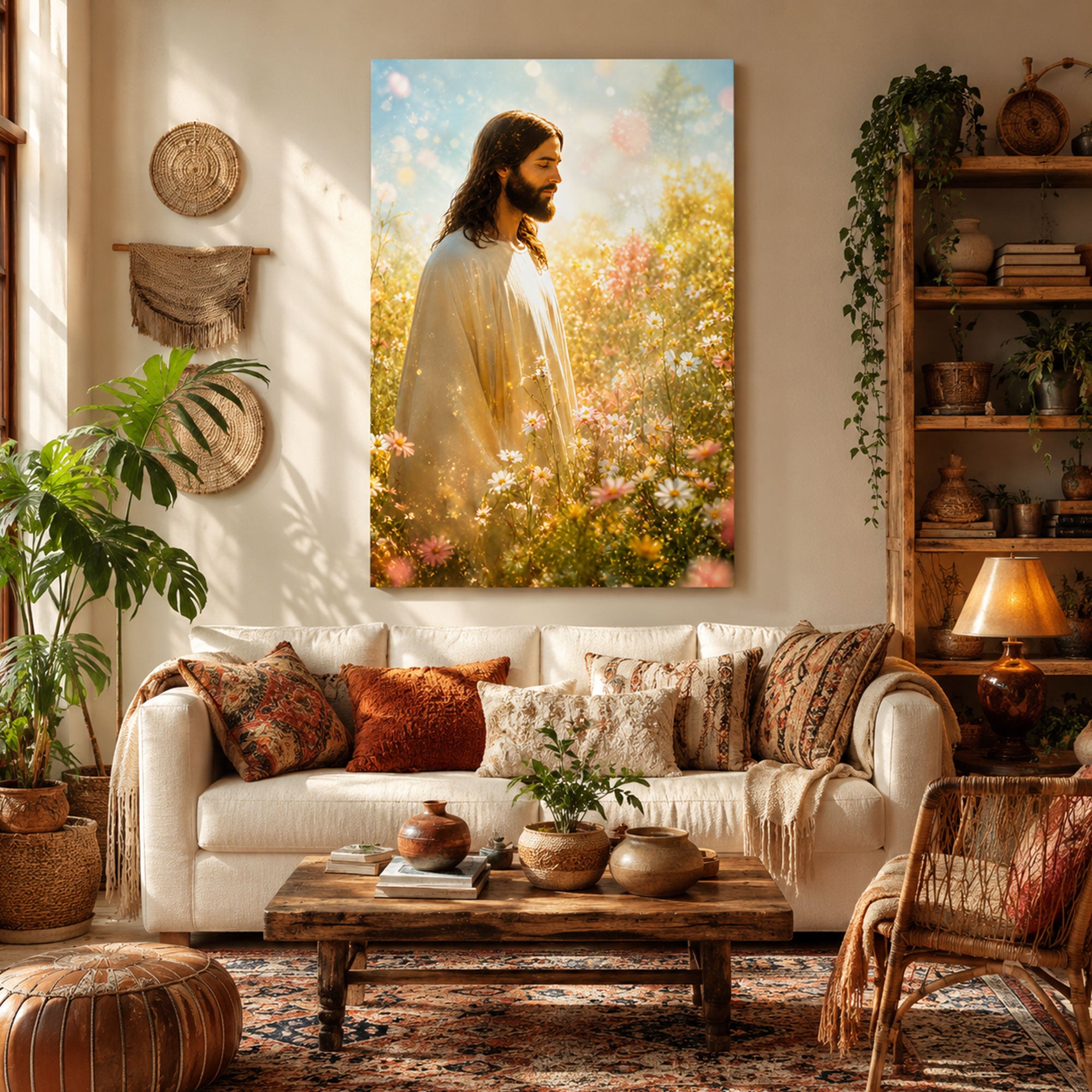 Jesus in Flower Field Canvas Print, Serene Christian Wall Decor, Inspirational Faith Artwork