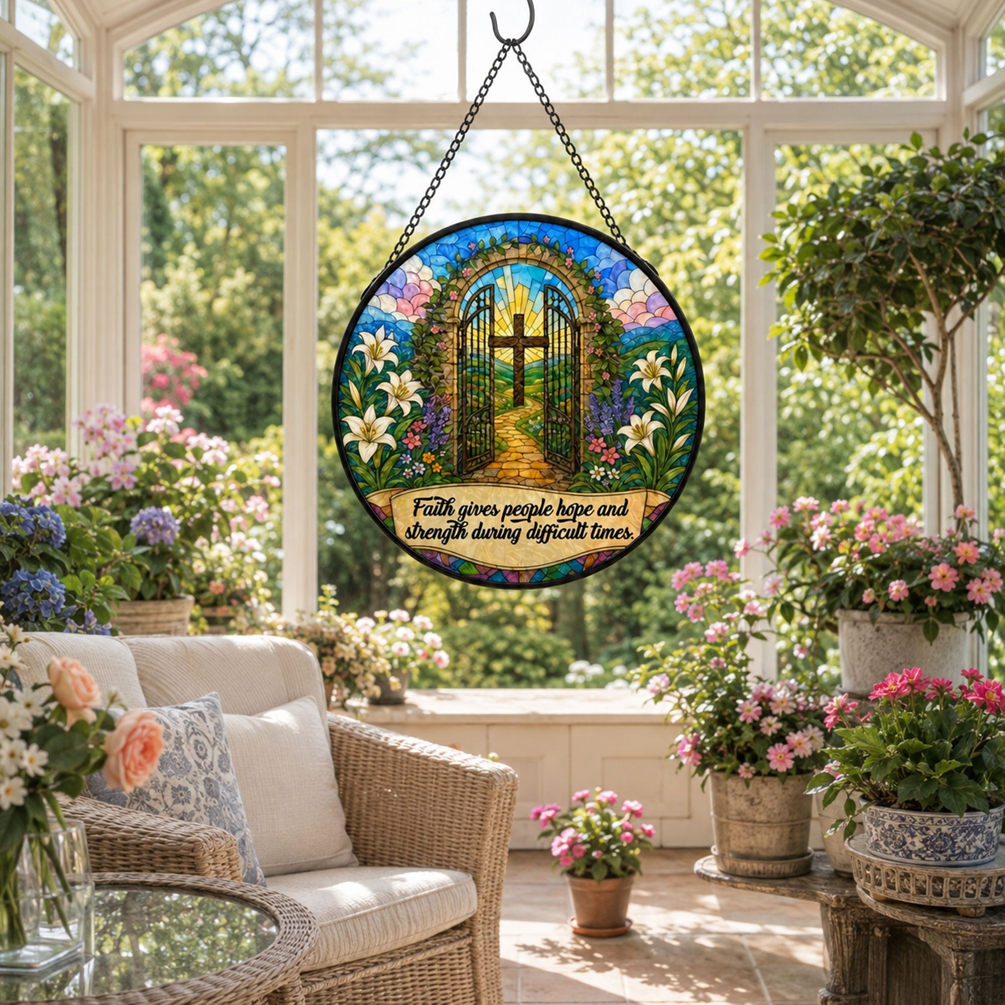 Faith Gives Hope and Strength Suncatcher, Christian Cross Window Hanging, Inspirational Religious Gift