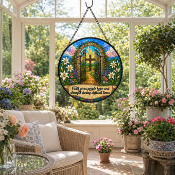 Faith Gives Hope and Strength Suncatcher, Christian Cross Window Hanging, Inspirational Religious Gift