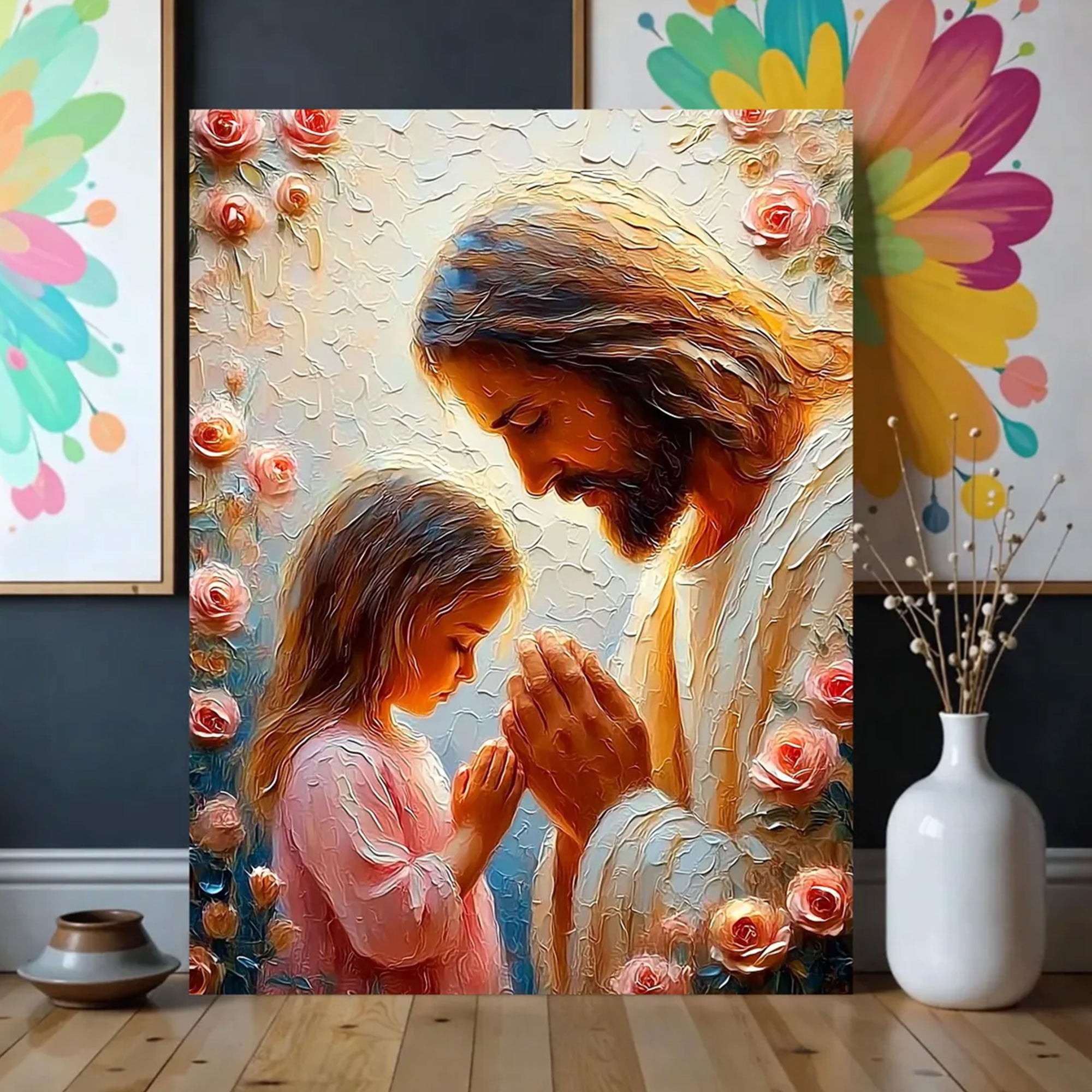 Jesus and Little Girl Praying Canvas Print Christian Daughter Wall Art Faith and Prayer Home Decor