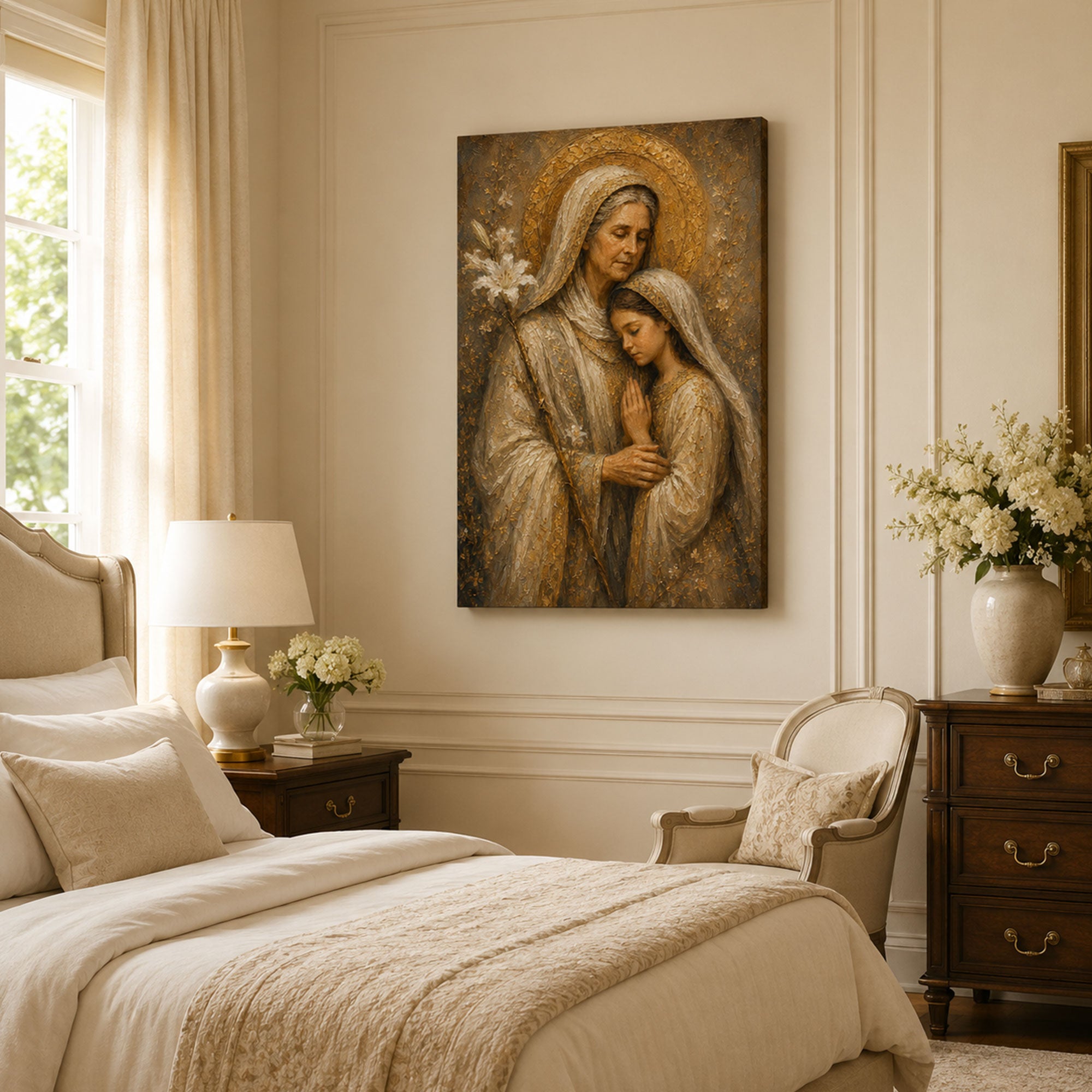 Saint Anne with Young Virgin Mary Canvas Print, Catholic Family Decor