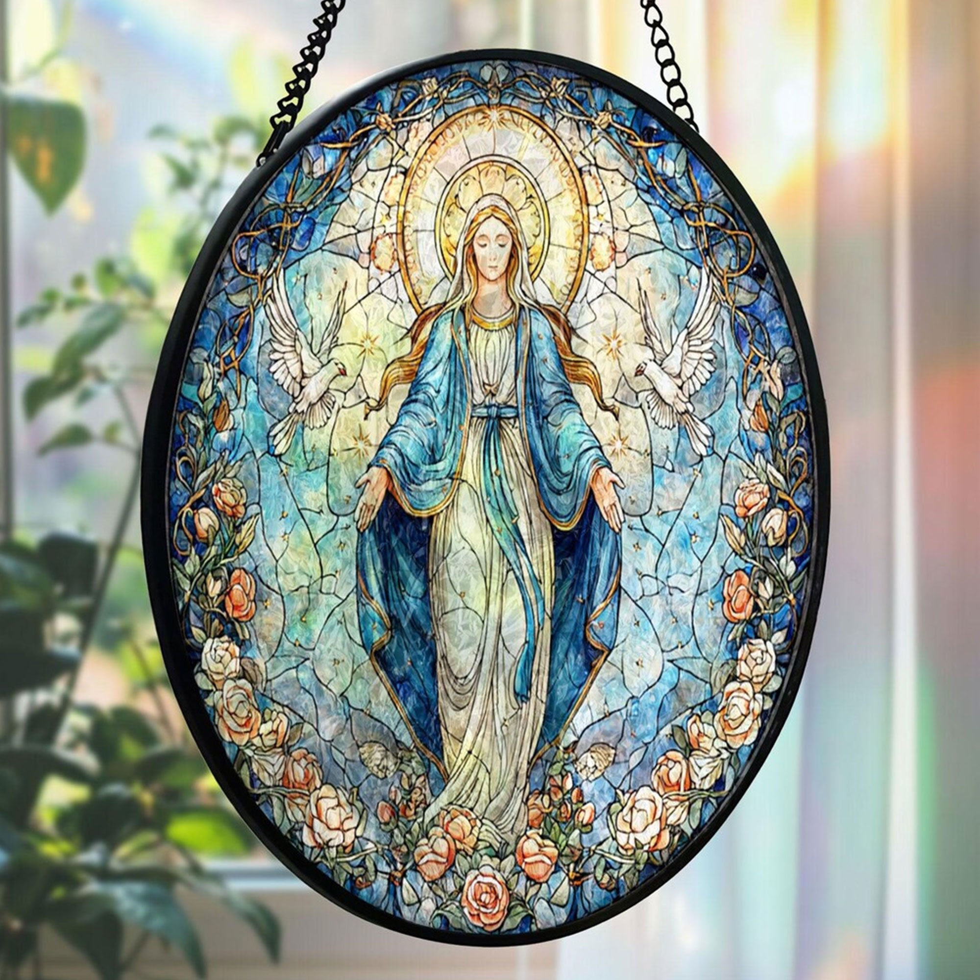 Our Lady of Grace Stained Glass Suncatcher, Virgin Mary Round Window Hanging, Catholic Blue Rose Halo Decor, Faith Gift