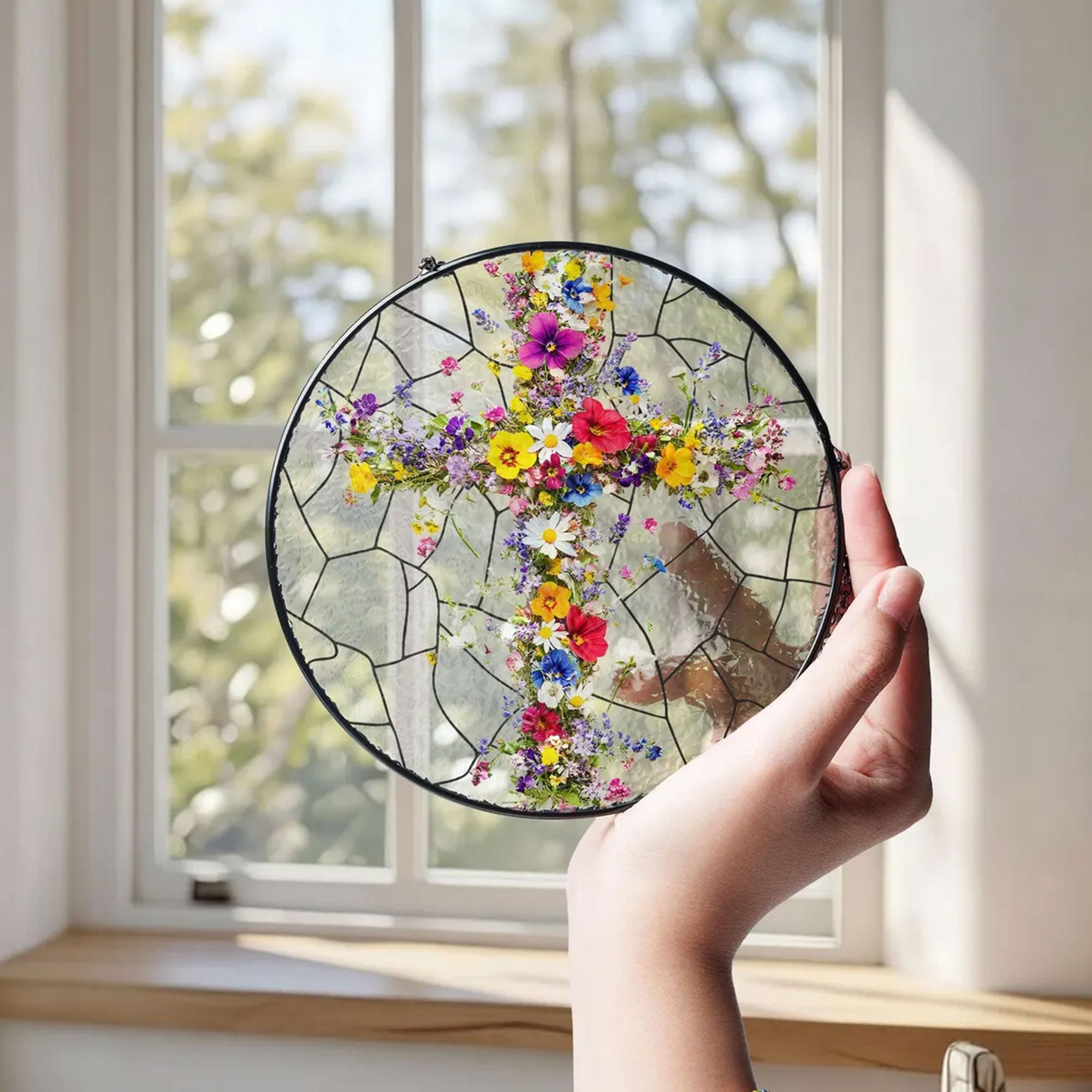 Christian Cross Wildflower Stained Glass Suncatcher, Floral Window Hanging, Easter Decor Gift