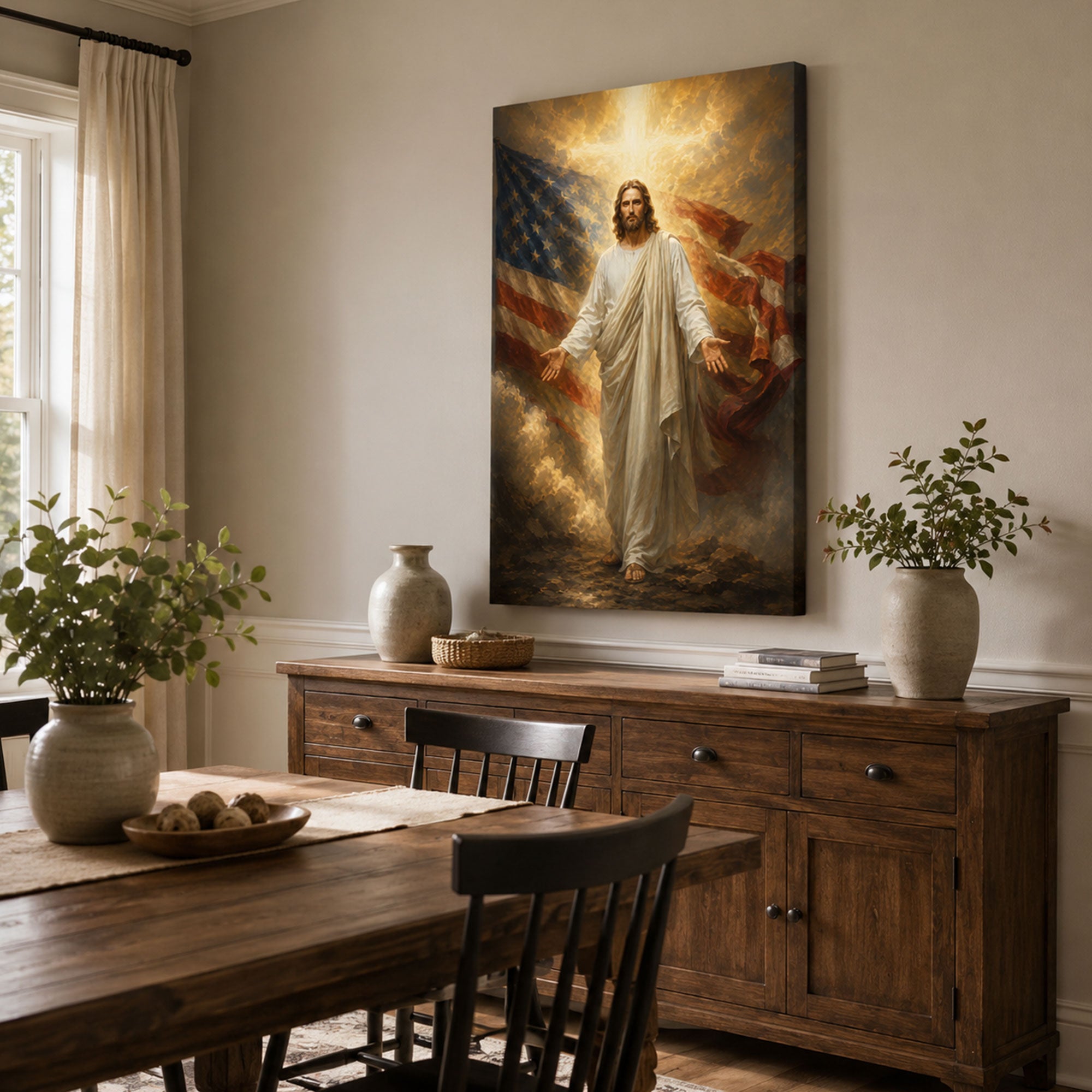 Jesus with American Flag Canvas Print, One Nation Under God Christian Wall Art, Faith Home Decor Gift