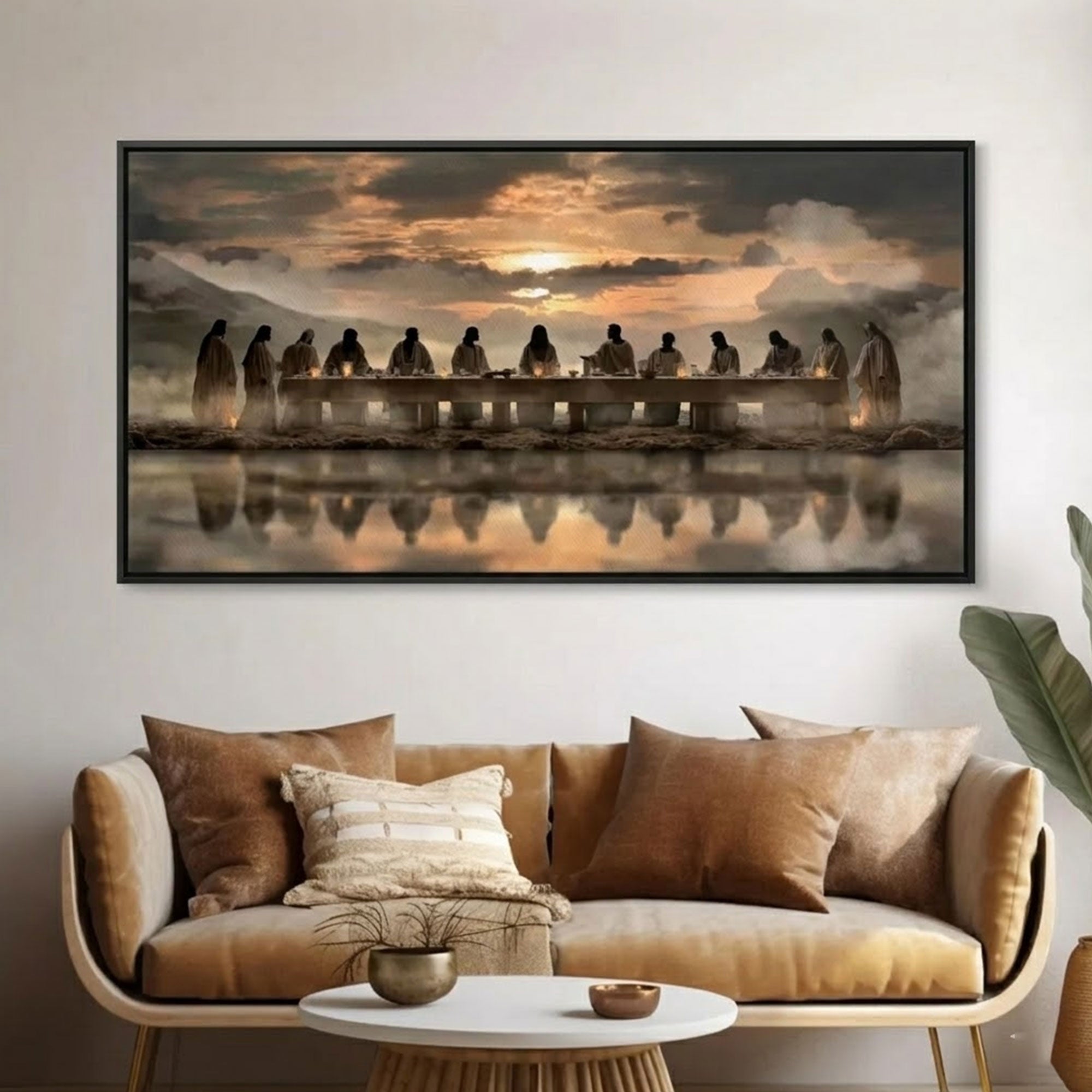 Sacred Supper Horizon Framed Canvas Print, Jesus The Last Supper Wall Art, Christian Religious Painting, Modern Church Home Decor, Christmas Faith Gift