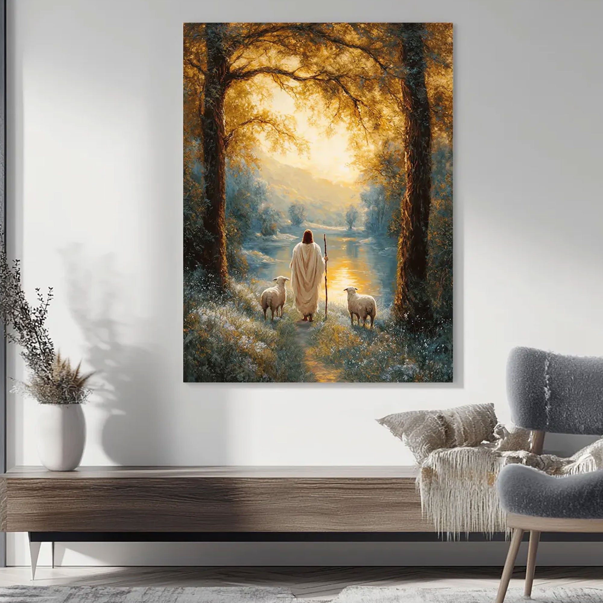 Jesus the Good Shepherd Canvas Art, Christian Faith Wall Decor, Peaceful Religious Home Artwork