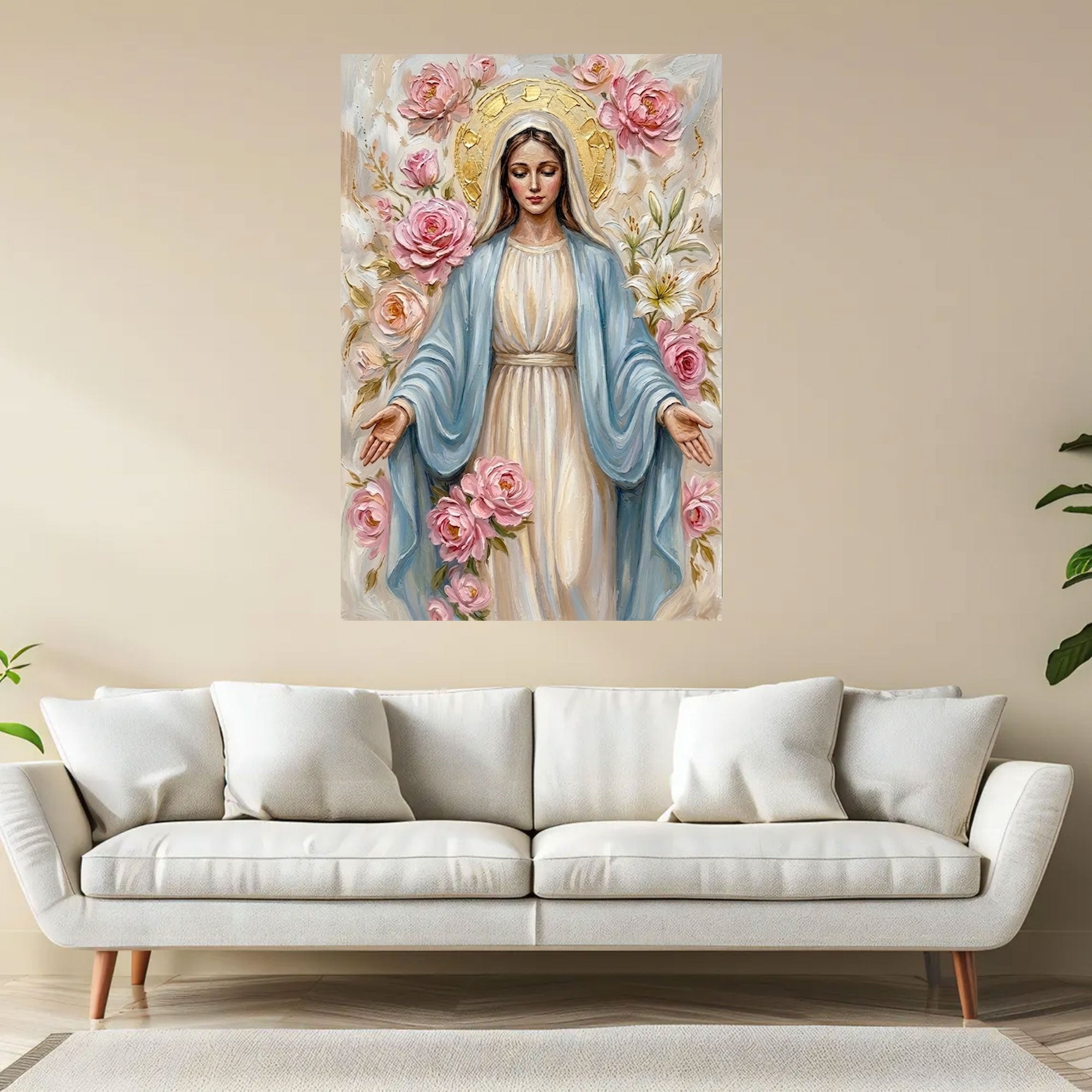 Virgin Mary of Gentle Grace Canvas Print, Soft Floral Madonna Wall Art, A Symbol of Love, Peace, and Divine Comfort