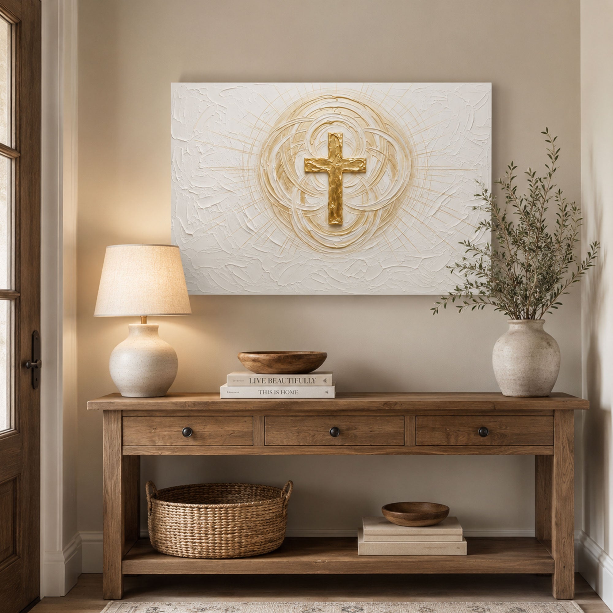 Gold Cross Panoramic Canvas Print, White Minimalist Christian Wall Art, Faith Home Decor Gift