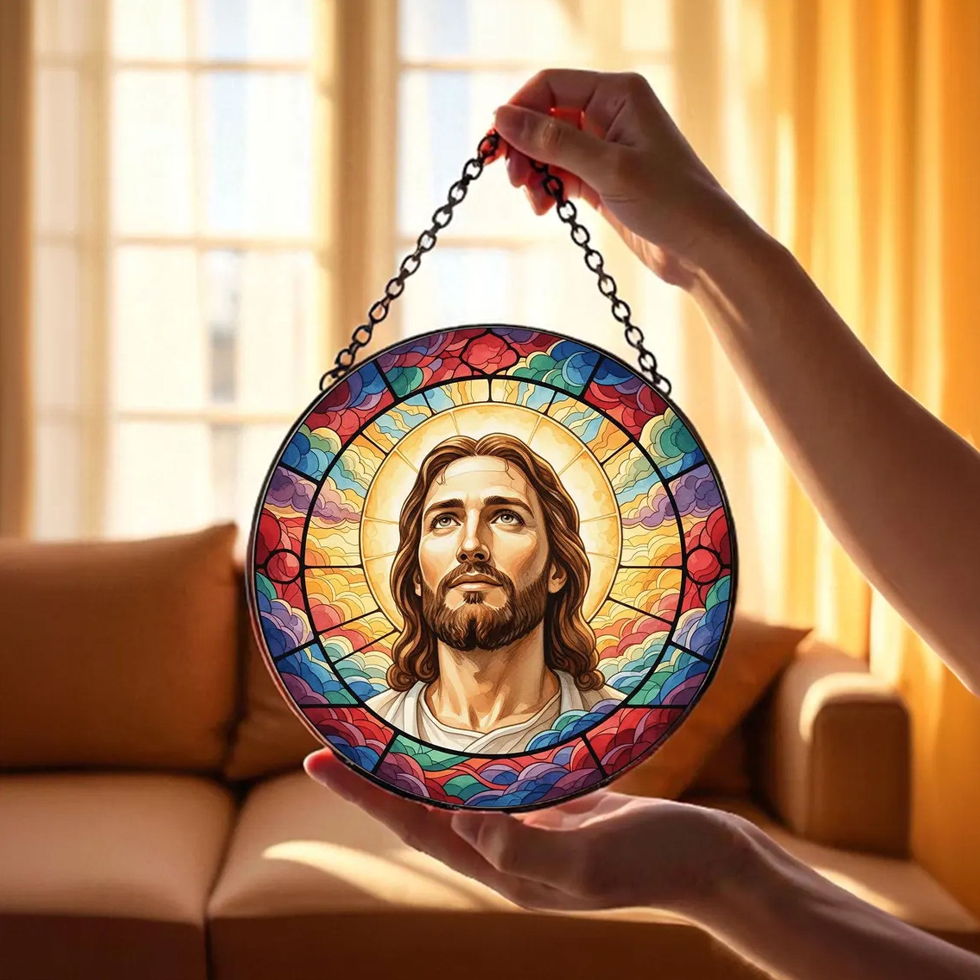 Jesus Christ Stained Glass Suncatcher, Christian Window Hanging Decor, Religious Faith Gift, Spiritual Home Ornament