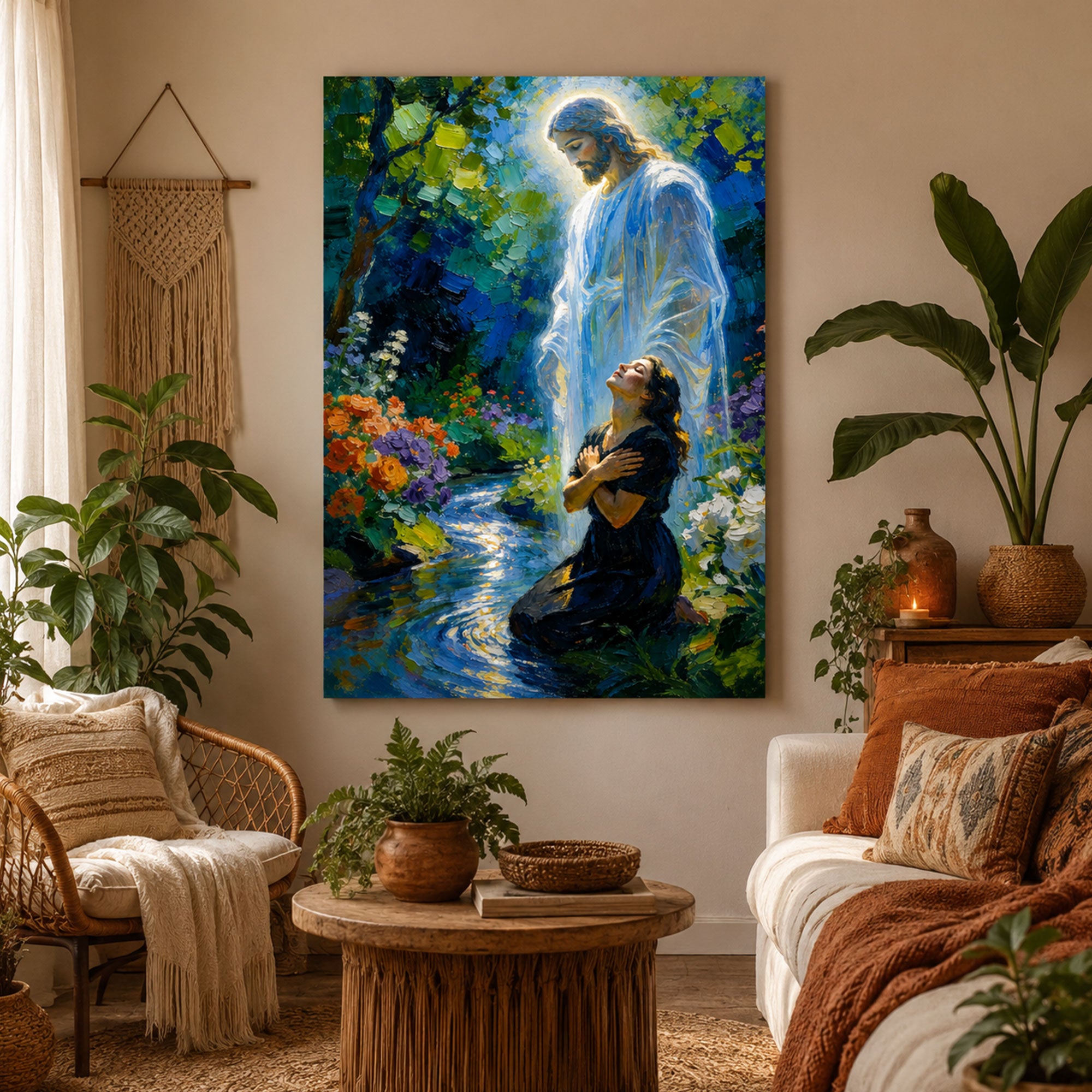 Vision of Christ Jesus Canvas Print, Ethereal Garden Oil Painting, Spiritual Christian Wall Art for Healing and Peace