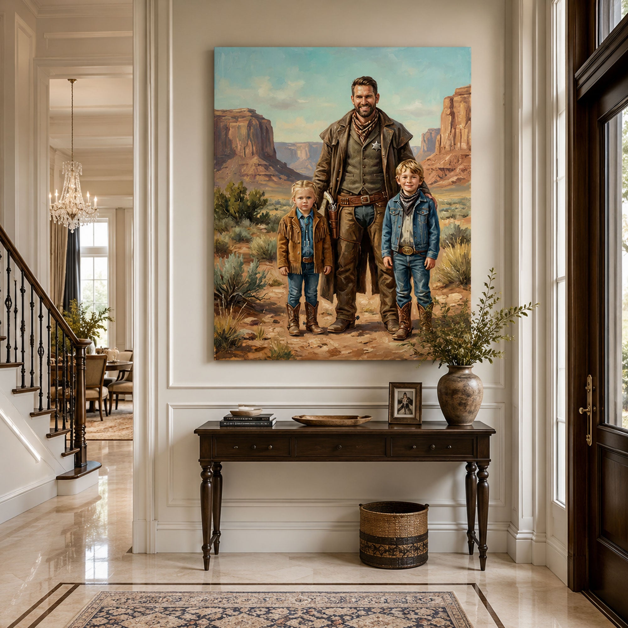 Custom Dad Cowboy Family Canvas, Personalized Western Father and Kids Wall Art