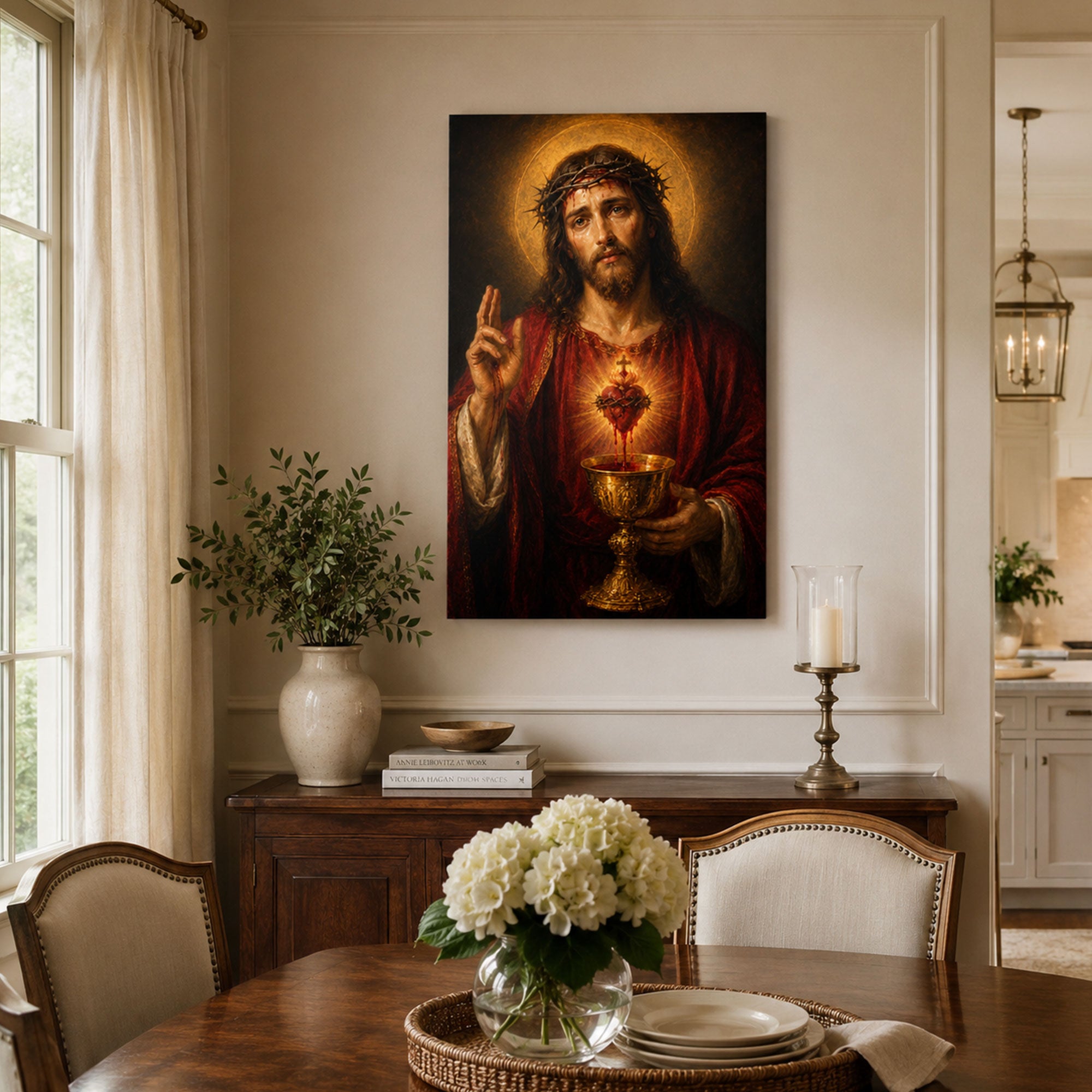 Sacred Heart of Jesus with Chalice Canvas Print, Catholic Precious Blood Wall Art, Faith Home Decor Gift