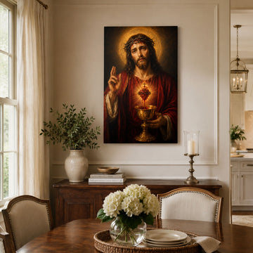 Sacred Heart of Jesus with Chalice Canvas Print, Catholic Precious Blood Wall Art, Faith Home Decor Gift