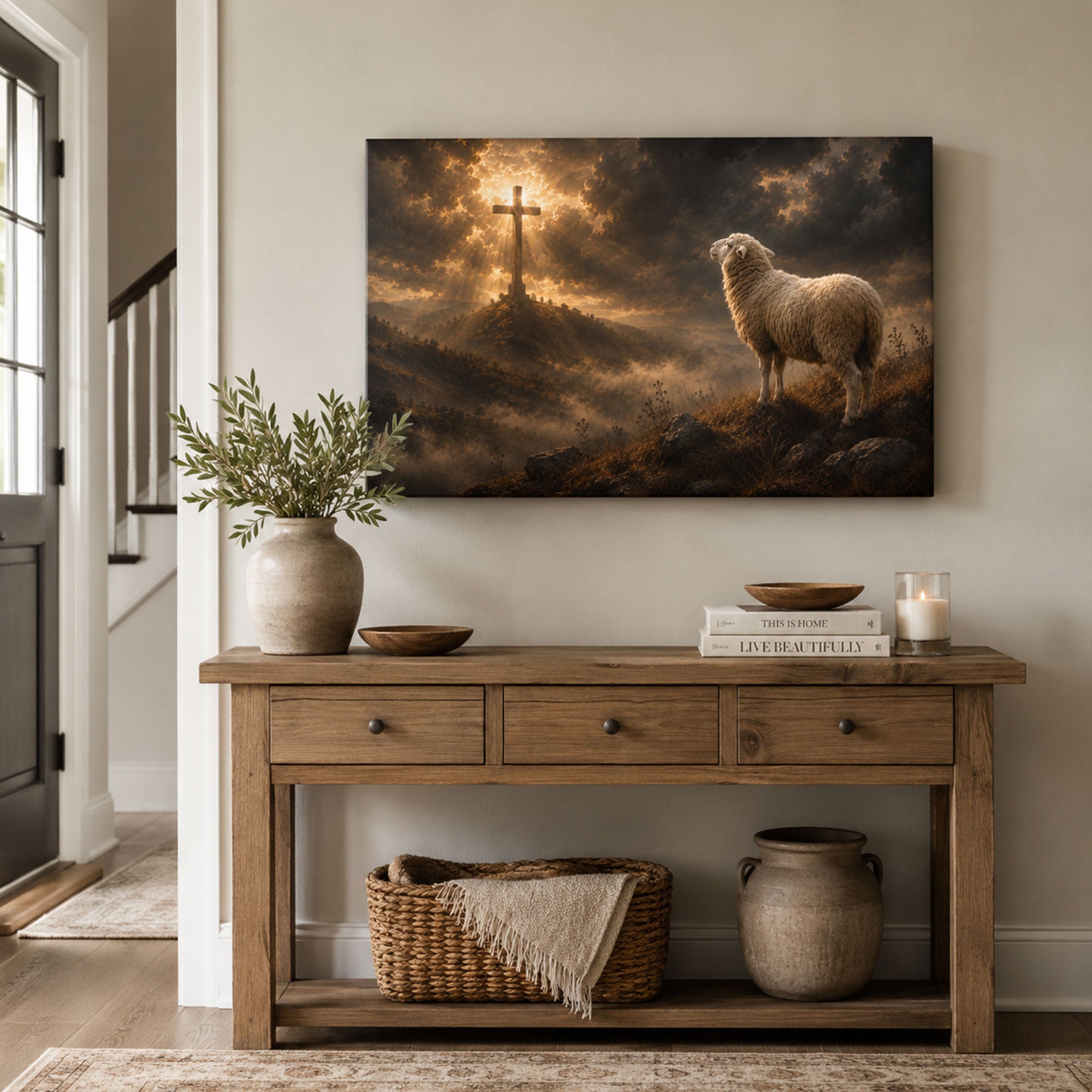 Lamb of God Cross Panoramic Canvas Print, Christian Faith Wall Art, Religious Home Decor Gift