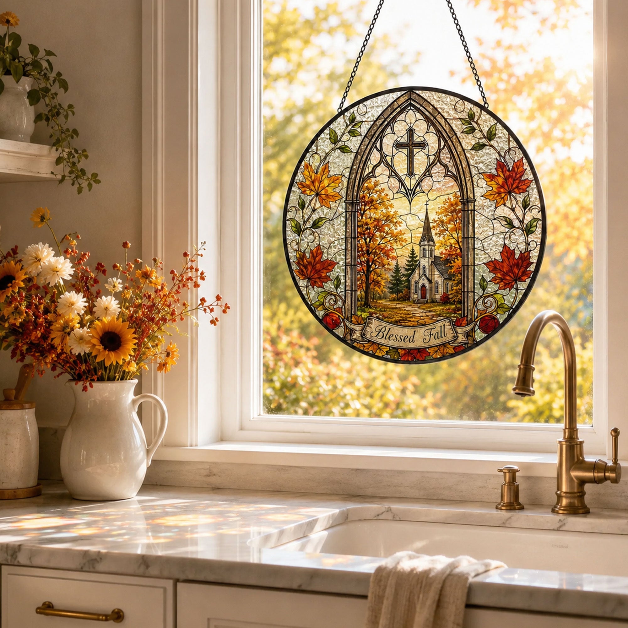 Blessed Fall Church Suncatcher, Autumn Leaves Christian Window Decor, Faith Gift for Home