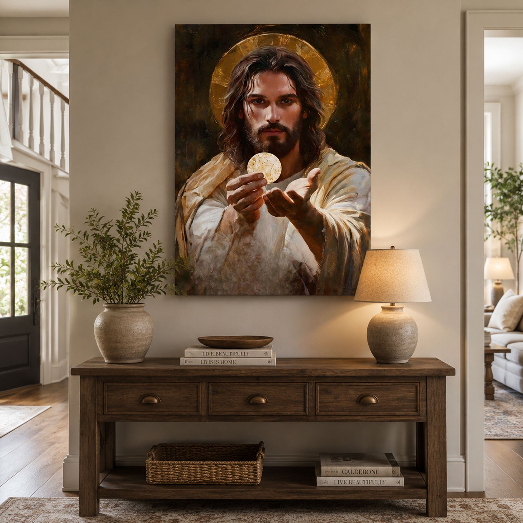 Jesus Christ with Eucharist Canvas Wall Art, Holy Communion Christian Decor, Sacred Faith Home Artwork
