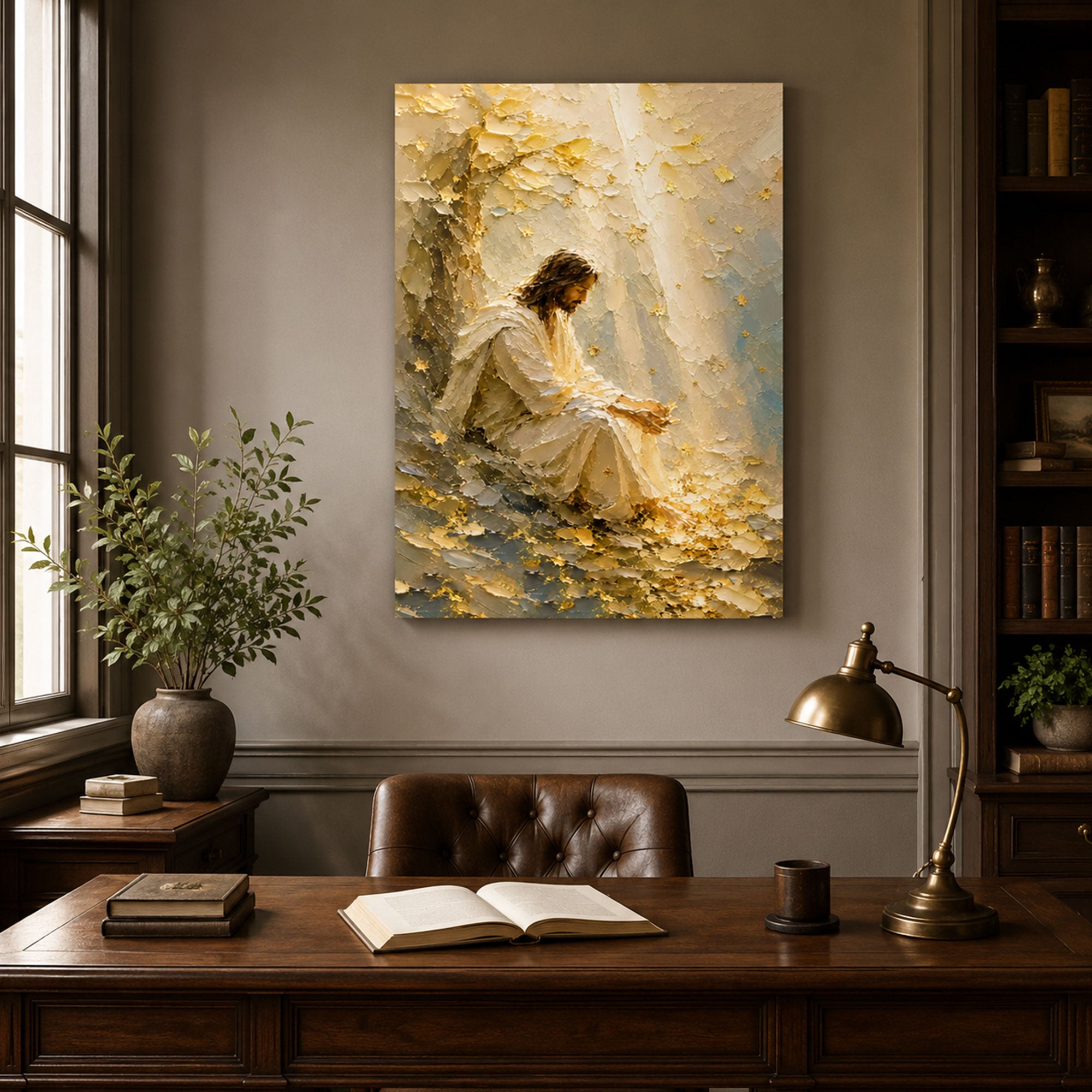 Jesus in Quiet Reflection Canvas Print, Peaceful Christian Wall Art, Soft Neutral Faith Home Decor