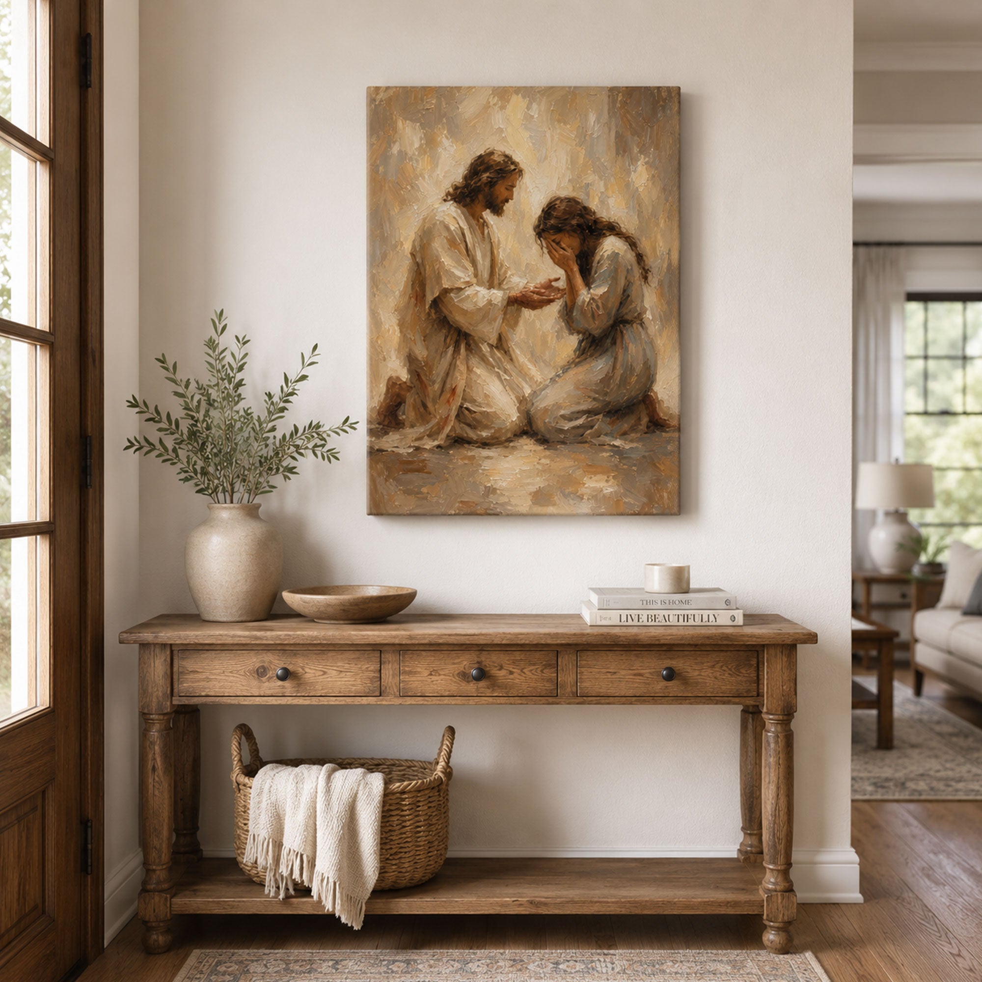 Jesus Comforting Woman Canvas Print, Soft Brush Christian Wall Decor for Home