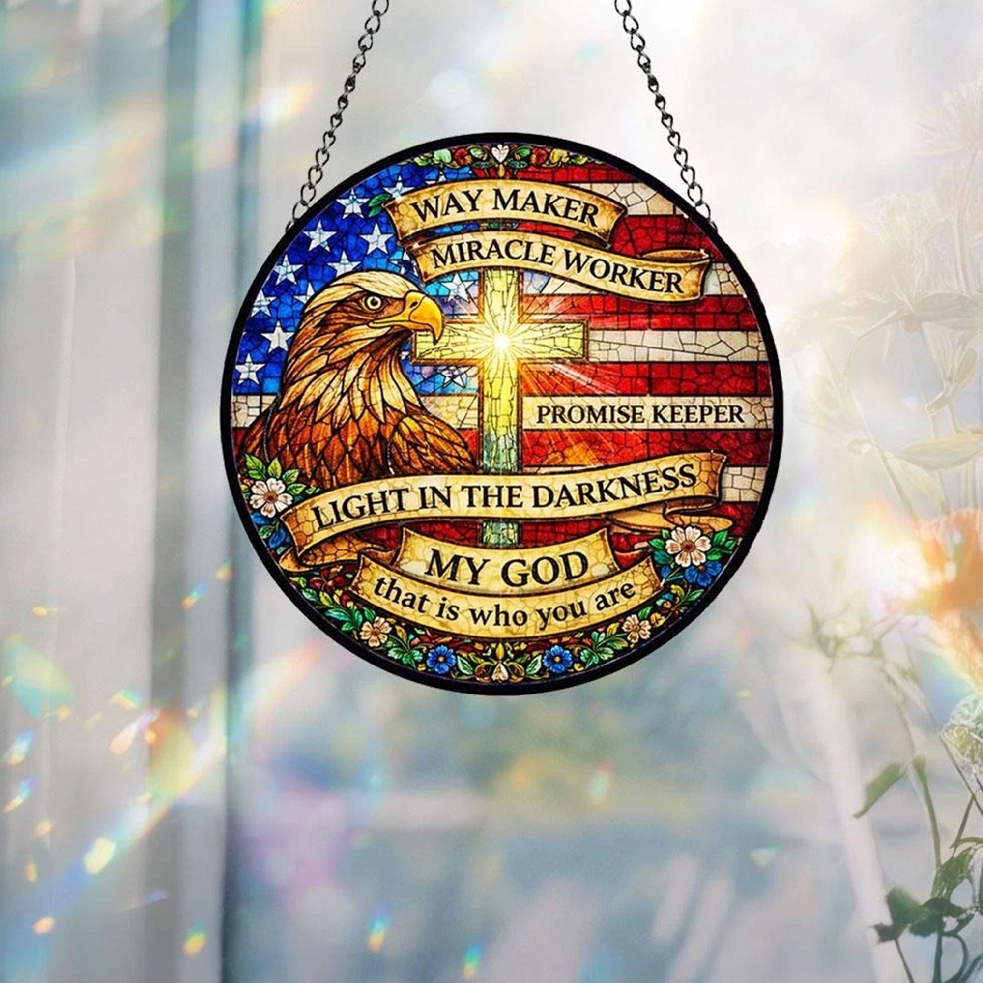 Eagle Cross Stained Glass Suncatcher, Christian Patriotic Window Hanging, Way Maker Scripture Faith Gift, American Flag Decor