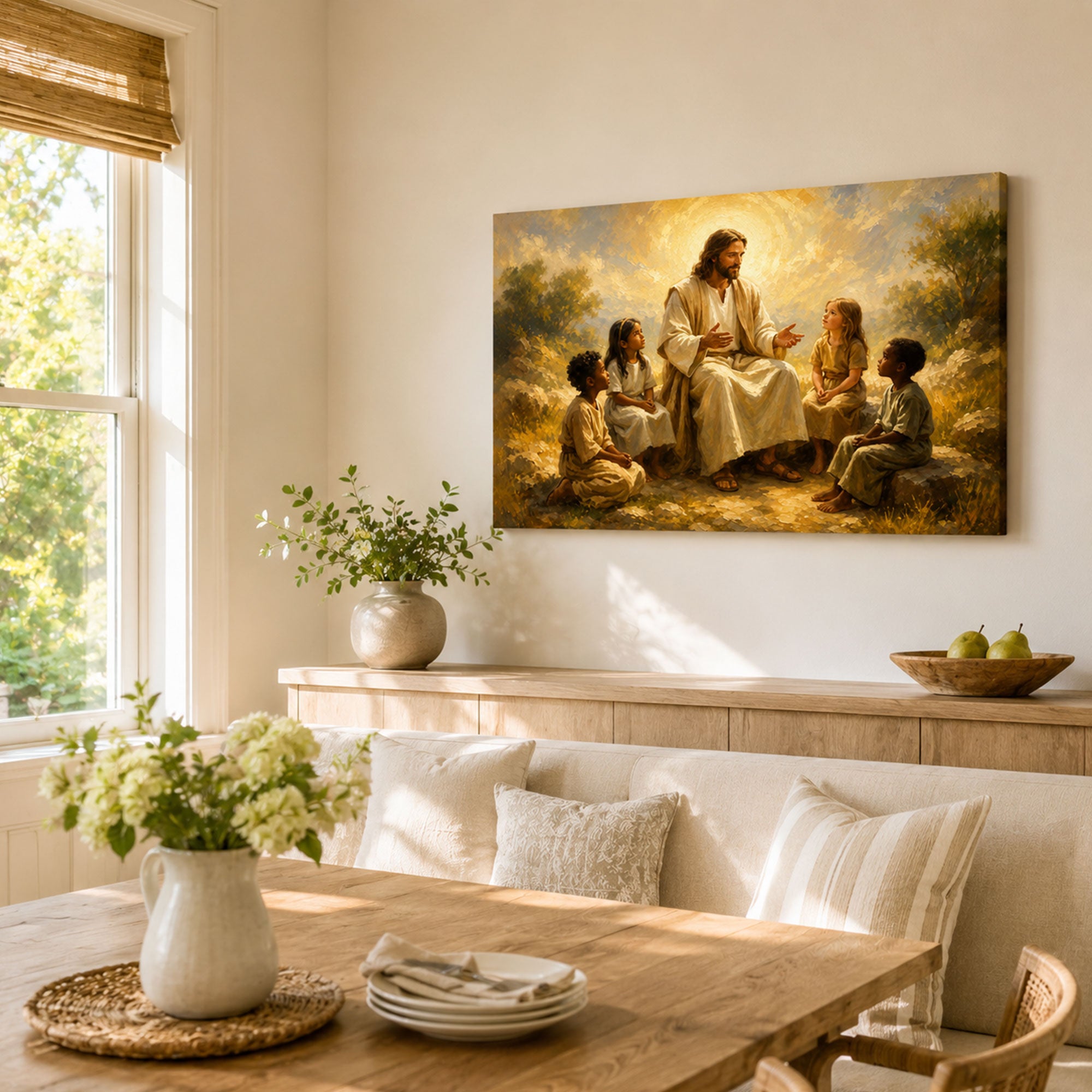 Jesus Teaching the Children Canvas Print, Matthew 19:14 Christian Wall Decor, Family Faith Gift