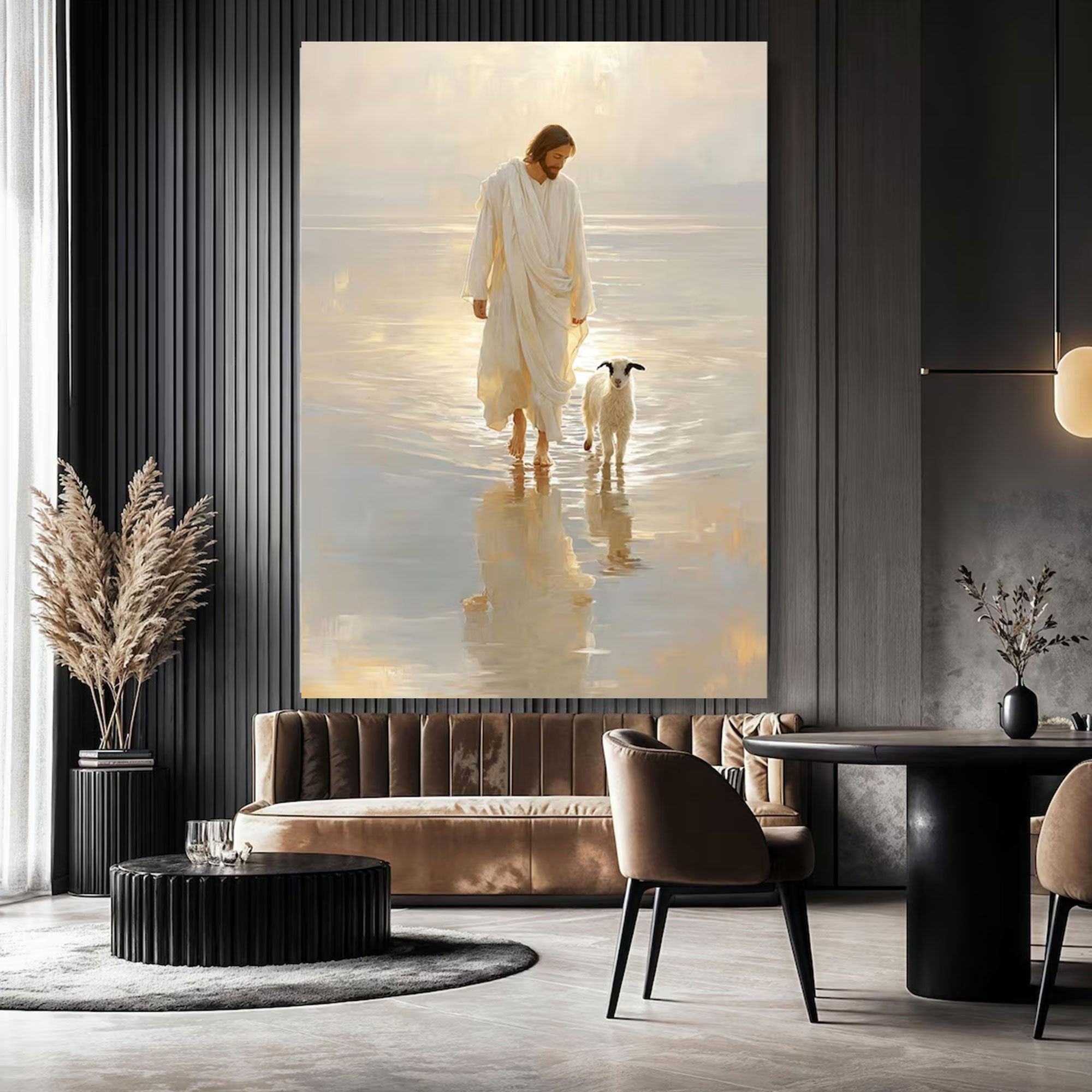 Jesus Walking with Lamb Canvas Print, Peaceful Christian Wall Art, Spiritual Faith Home Decor