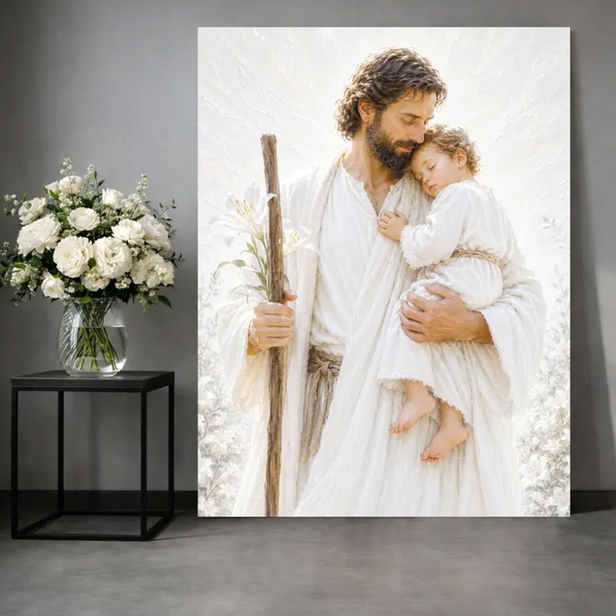 Saint Joseph Holding Baby Jesus Canvas Print, Christian Fatherly Love Wall Art, Peaceful Catholic Home Decor