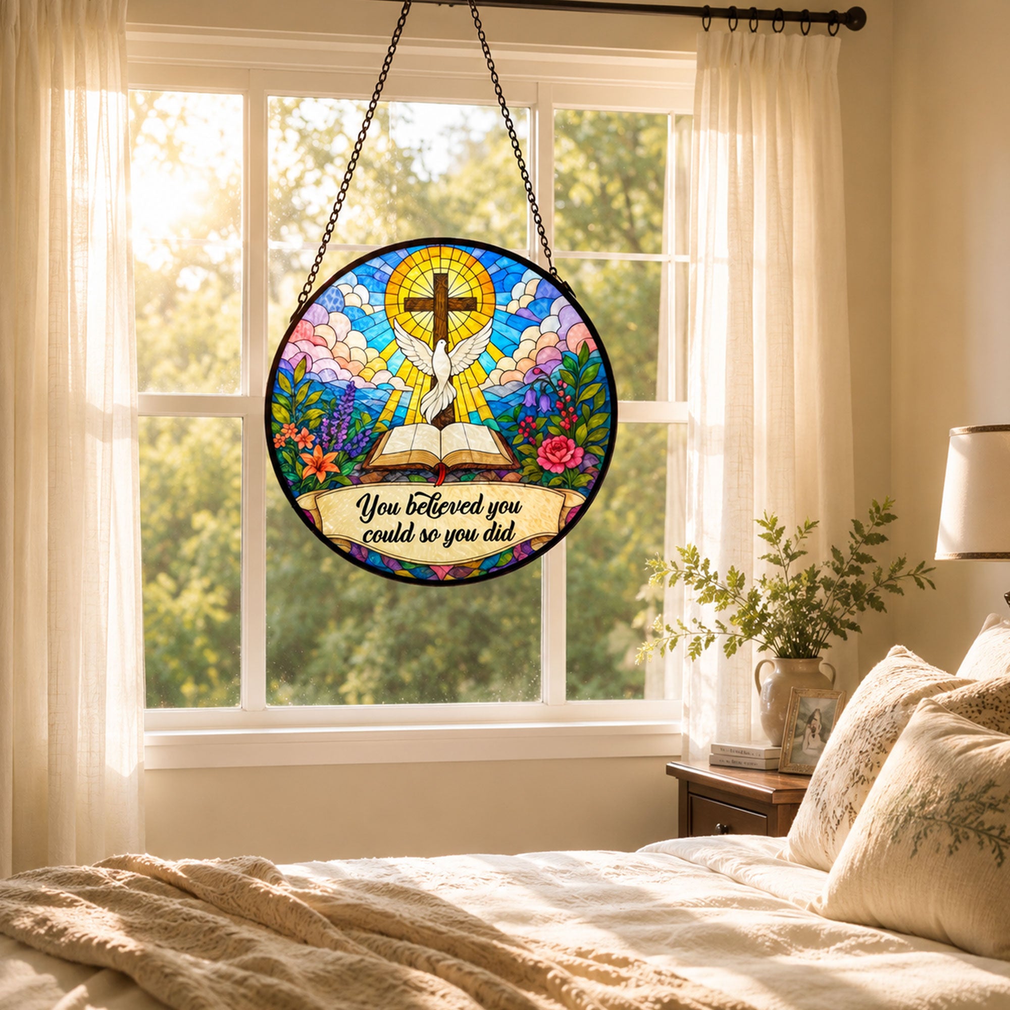 Christian Cross and Dove Suncatcher, Inspirational Faith Window Hanging, You Believed You Could So You Did Gift