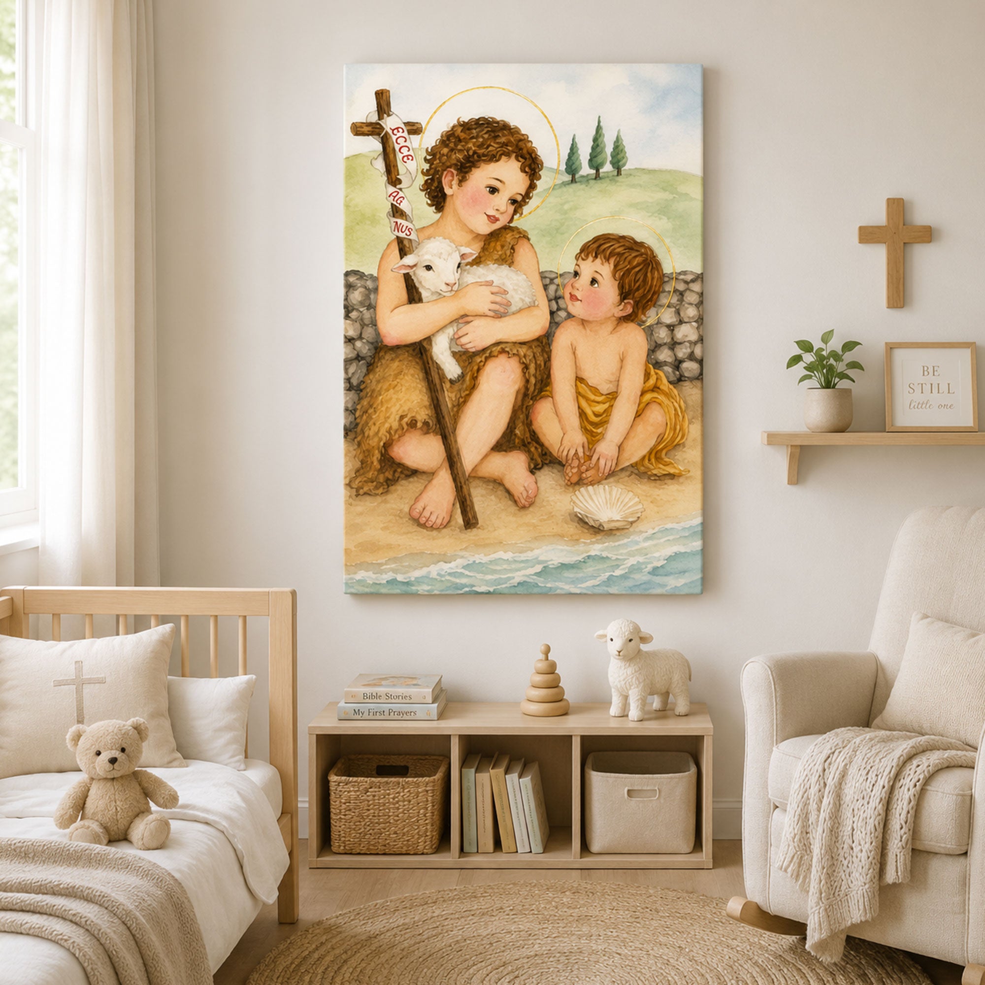 Child Jesus and Saint John the Baptist Canvas Print, Lamb of God Catholic Wall Decor