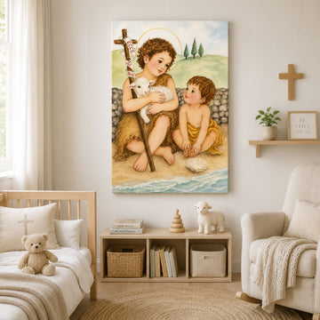 Child Jesus and Saint John the Baptist Canvas Print, Lamb of God Catholic Wall Decor