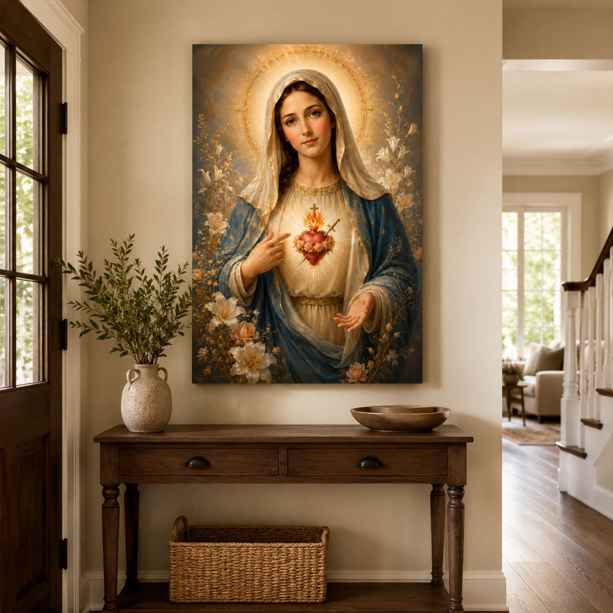 Immaculate Heart of Mary Canvas Print Catholic Wall Art Virgin Mary Floral Religious Faith Decor