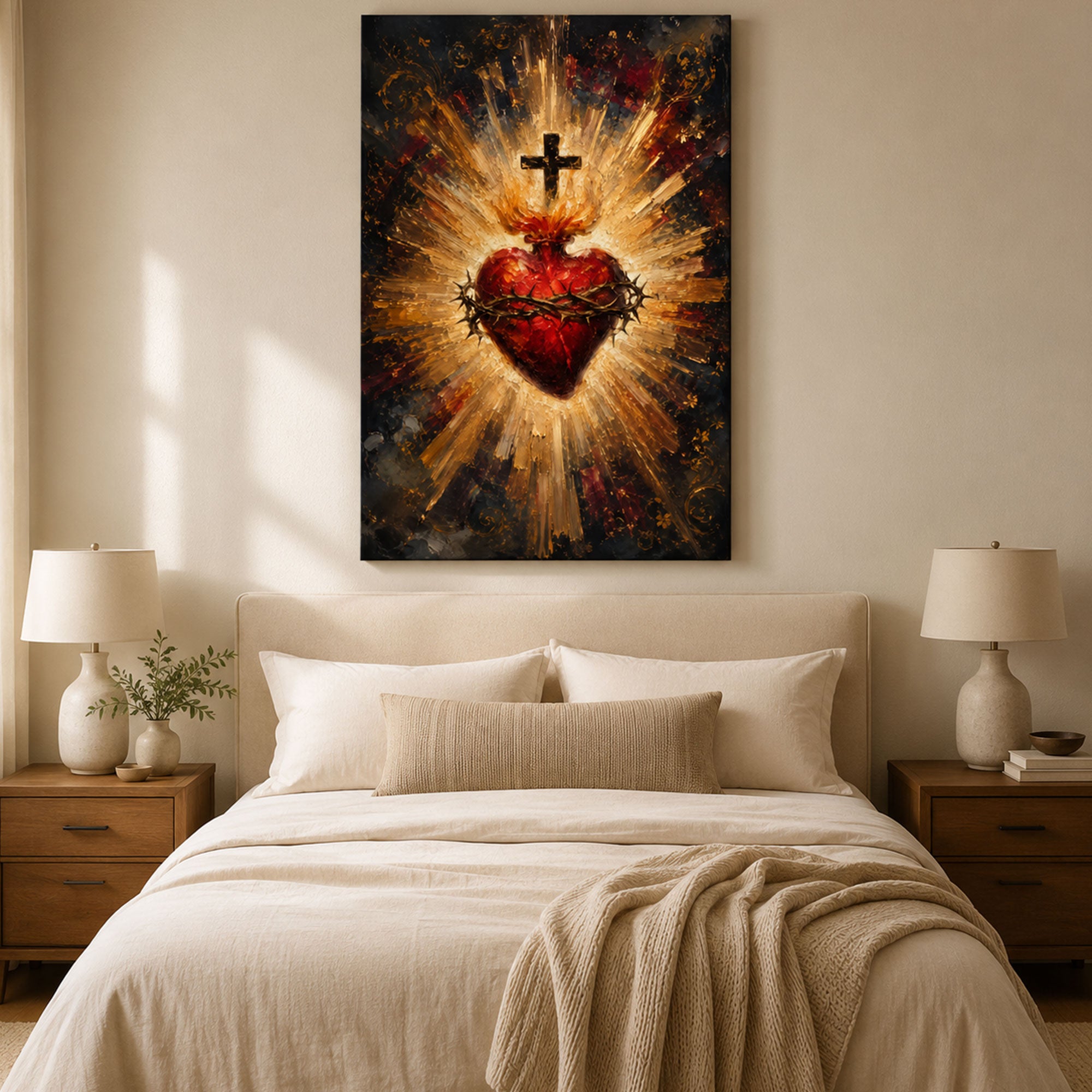 Sacred Heart of Jesus Canvas Print, Catholic Christian Wall Art, Flaming Heart with Crown of Thorns, Religious Home Decor Gift