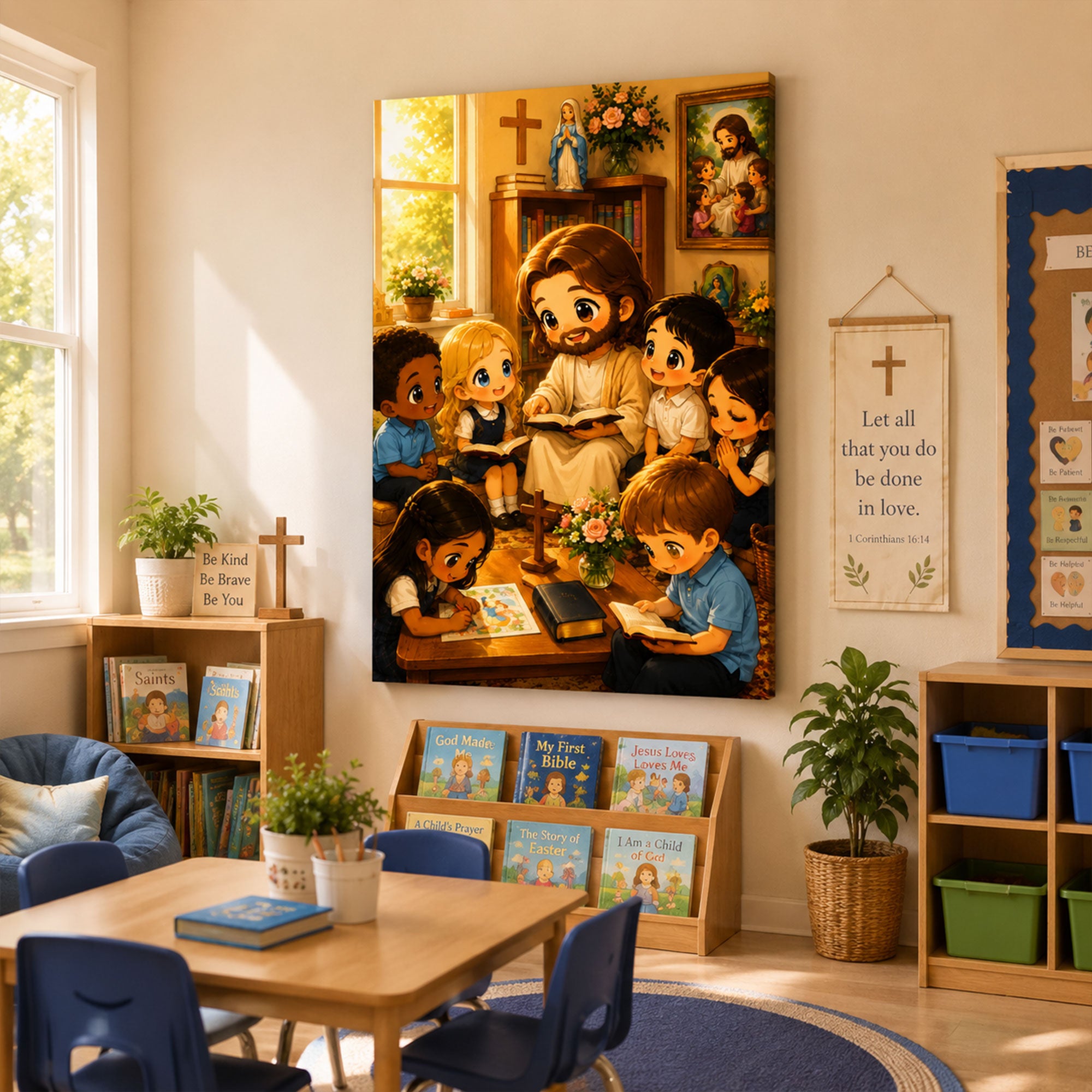 Jesus Teaching Children Canvas Print Cute Chibi Catholic Kids Wall Art Christian Classroom Nursery Decor