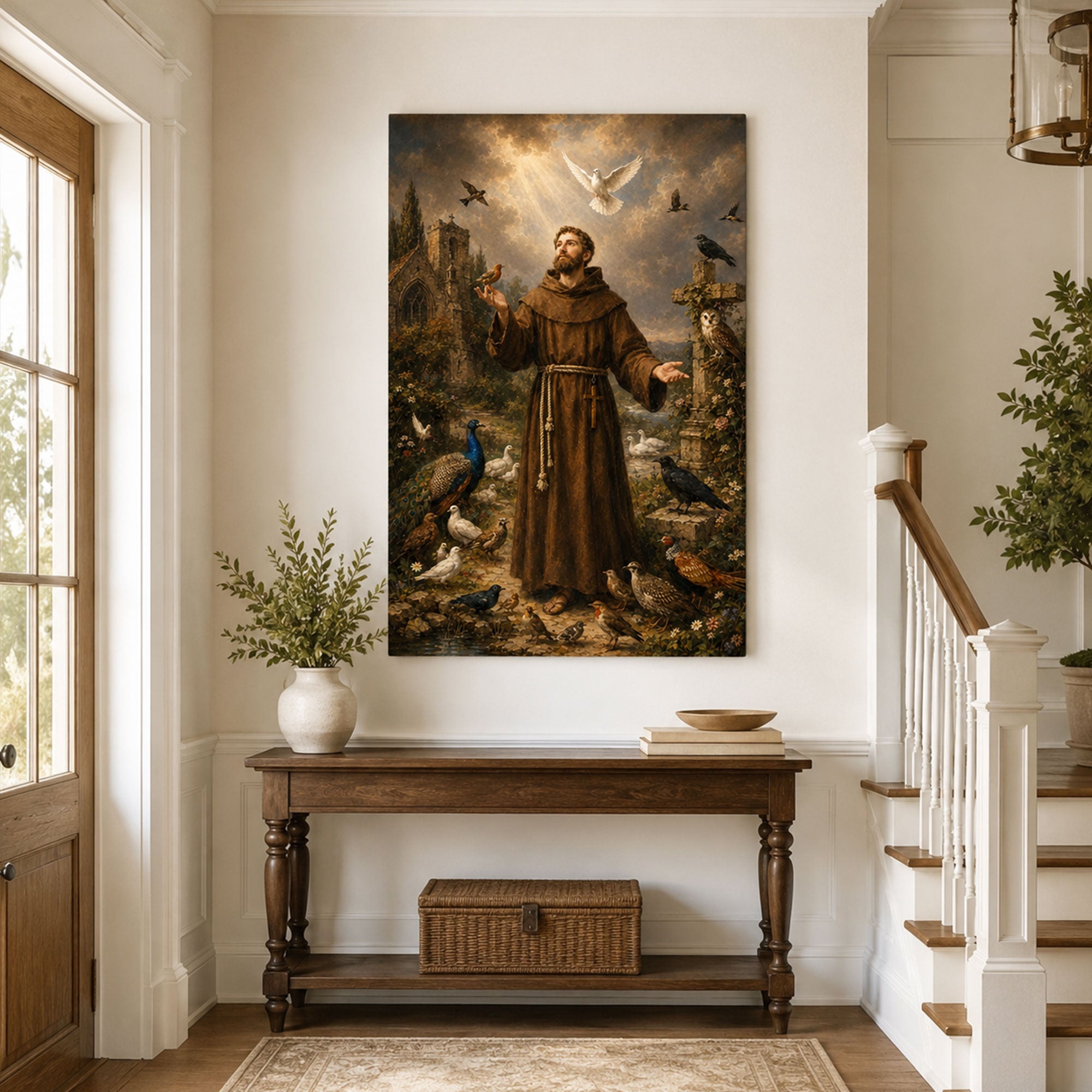 Saint Francis of Assisi with Birds Canvas Print, Catholic Saint Nature Wall Art, Faith Home Decor Gift