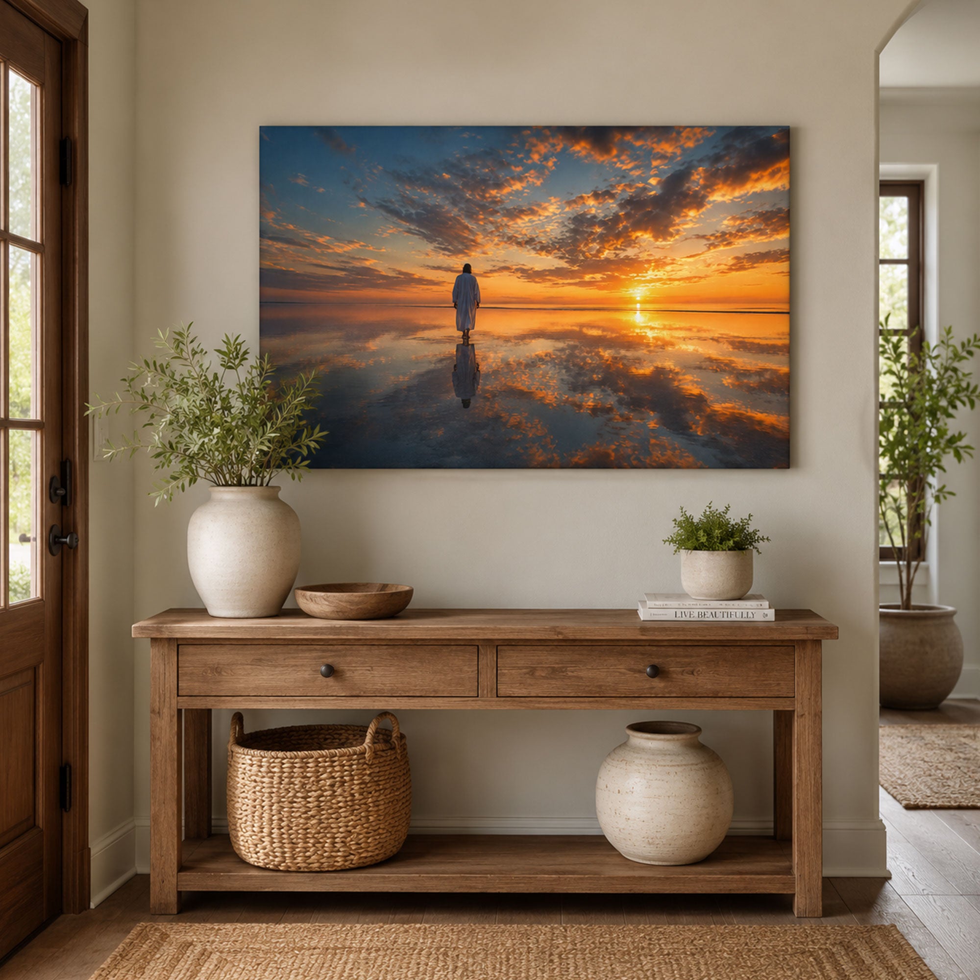 Jesus Walking on Water Sunset Canvas Print, Panoramic Christian Seascape Wall Art, Faith Home Decor Gift