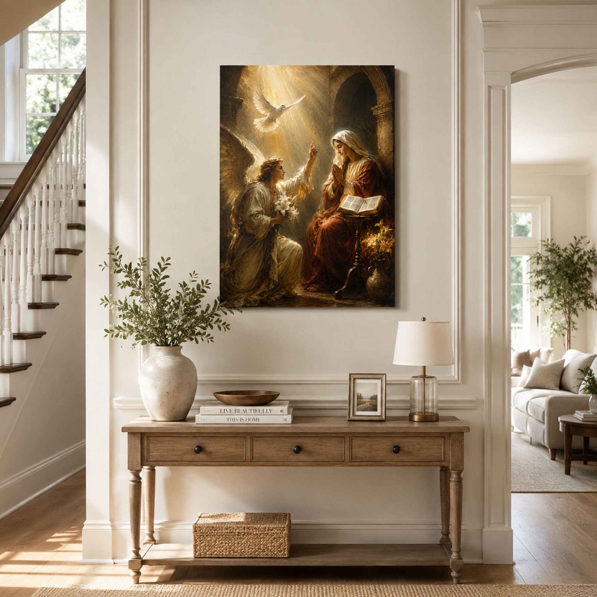 Annunciation with Open Scripture Canvas Print, Golden Catholic Art