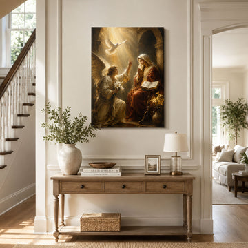 Annunciation with Open Scripture Canvas Print, Golden Catholic Art