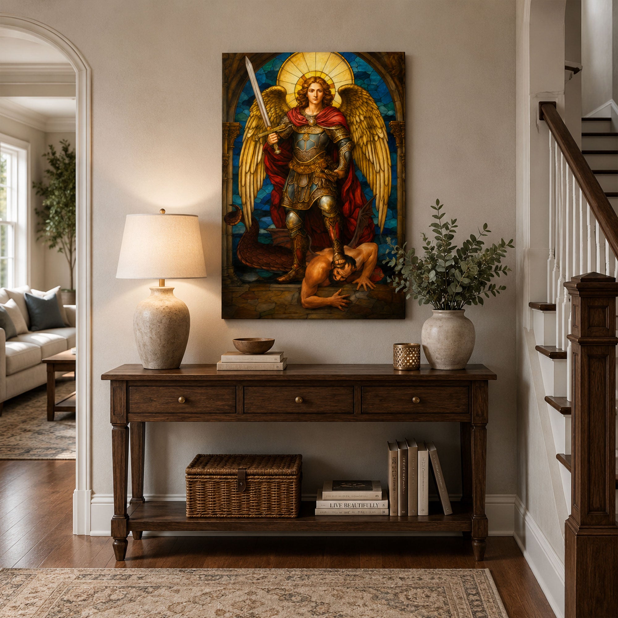 St. Michael the Archangel Canvas Print, Stained Glass Style Catholic Angel Wall Art, Faith Home Decor Gift