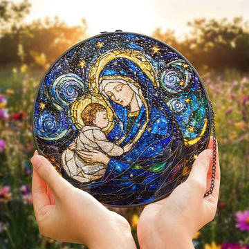 Virgin Mary and Baby Jesus Suncatcher, Starry Night Catholic Window Hanging, Christian Gift for Mom