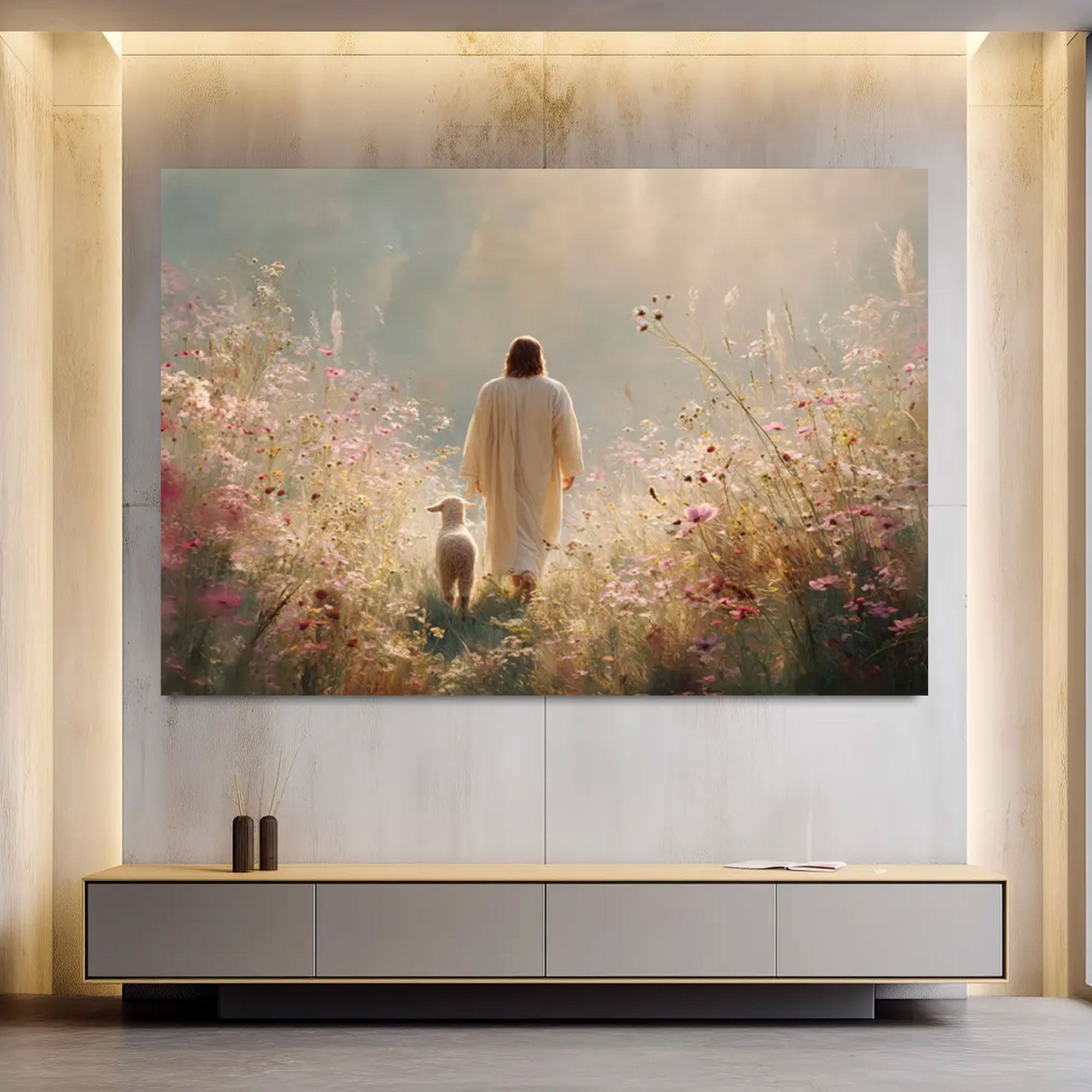 Jesus and Lamb Canvas Print, Peaceful Pastoral Wall Art, Christian Floral Field Decor, Religious Gift