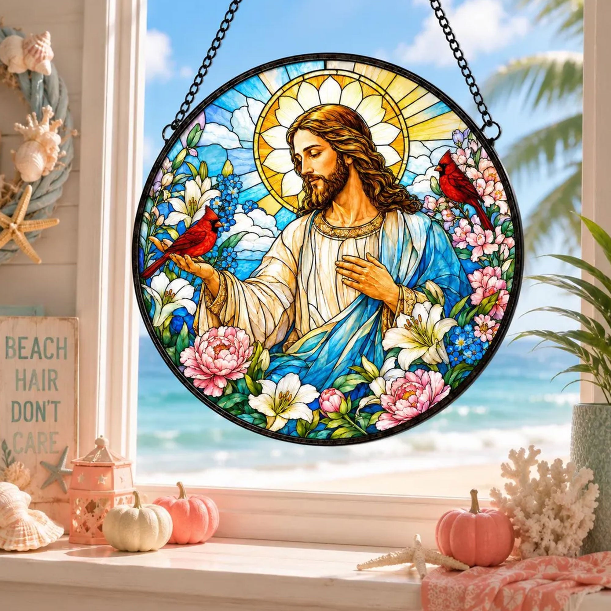 Jesus with Cardinals and Flowers Suncatcher, Christian Window Hanging, Faith Inspired Gift