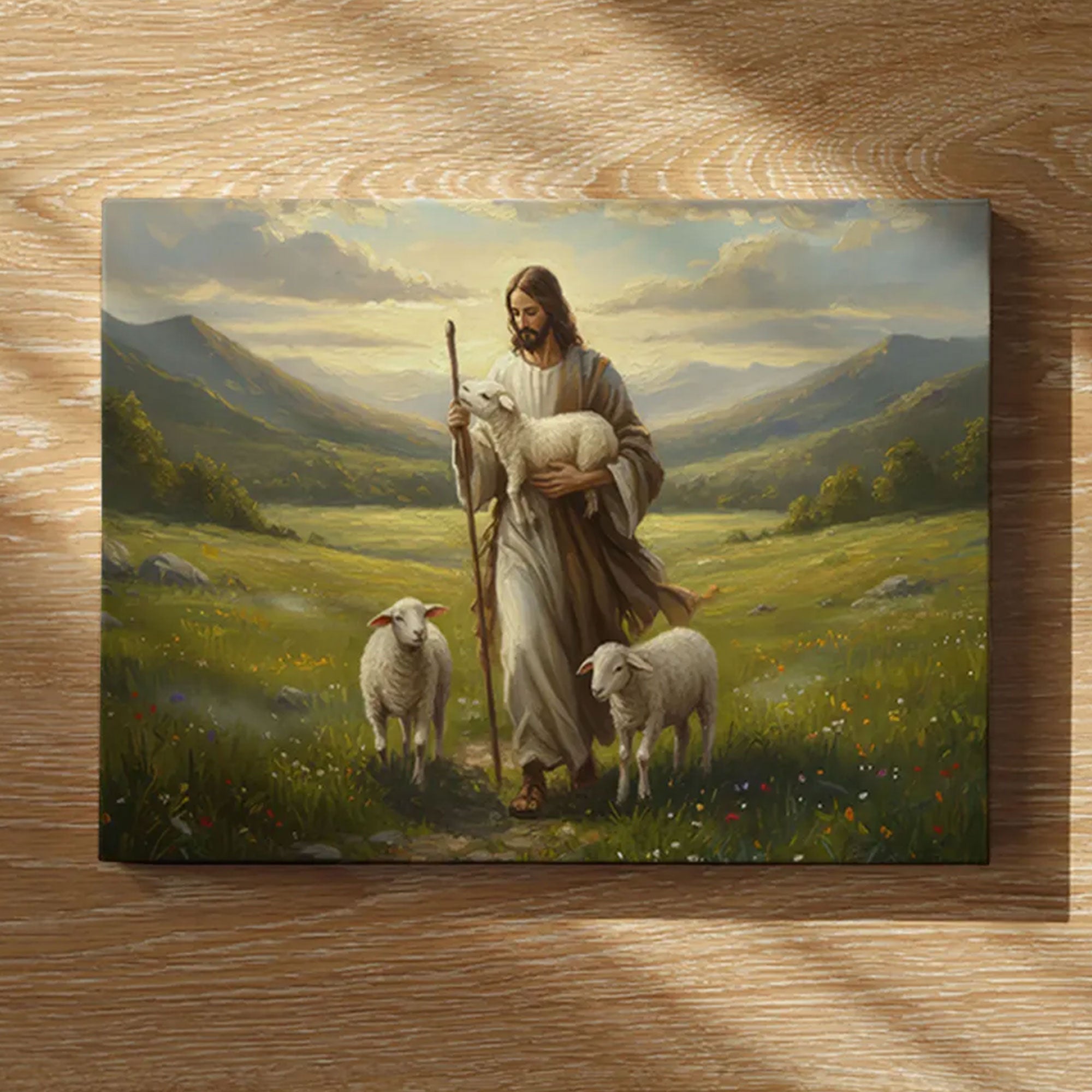 Jesus the Good Shepherd Canvas Print, Christian Faith Wall Art, Lamb of God Pastoral Scene, Spiritual Home Decor, Inspirational Gift