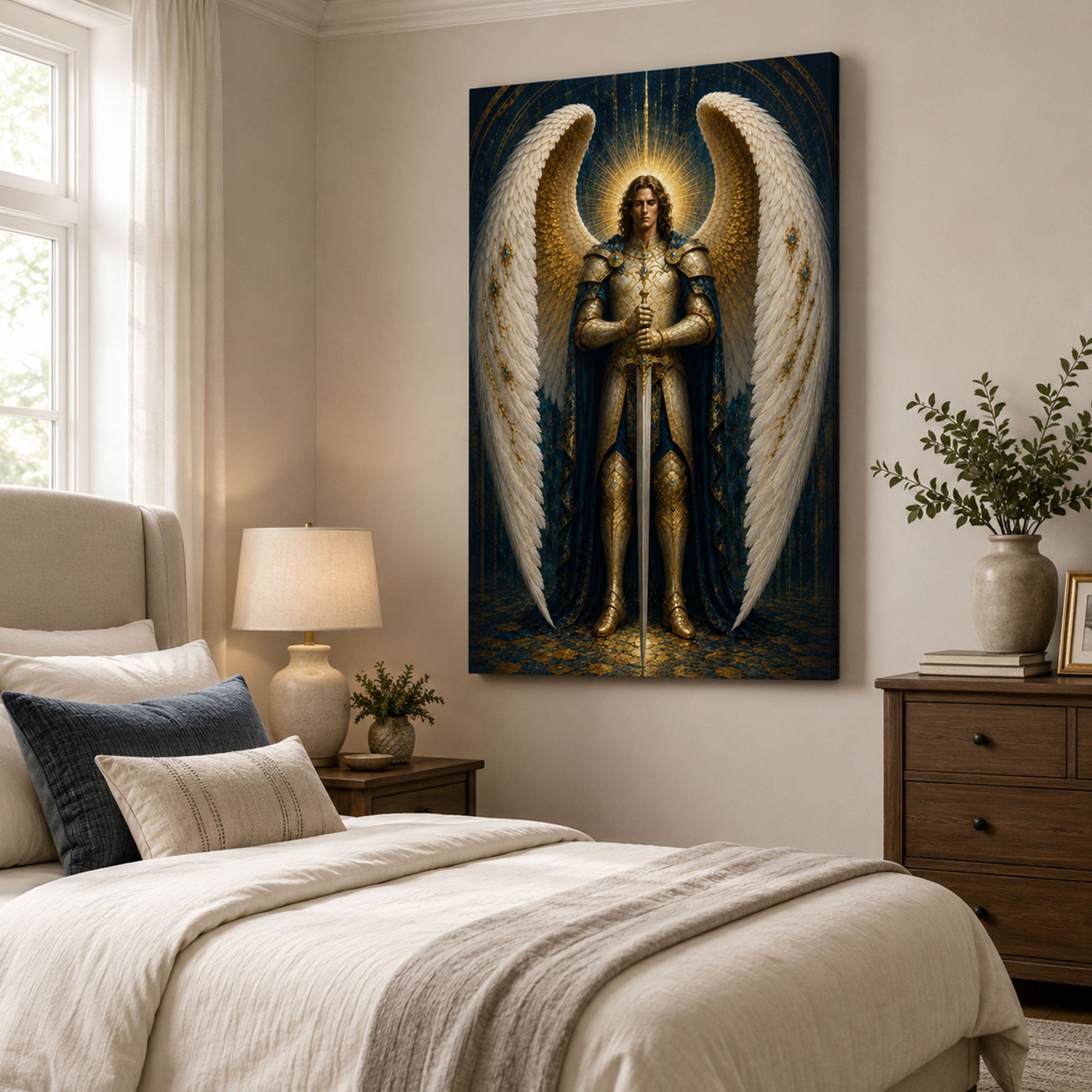 Saint Michael with Sword Canvas Print, Catholic Archangel Wall Art, Faith Home Decor Gift