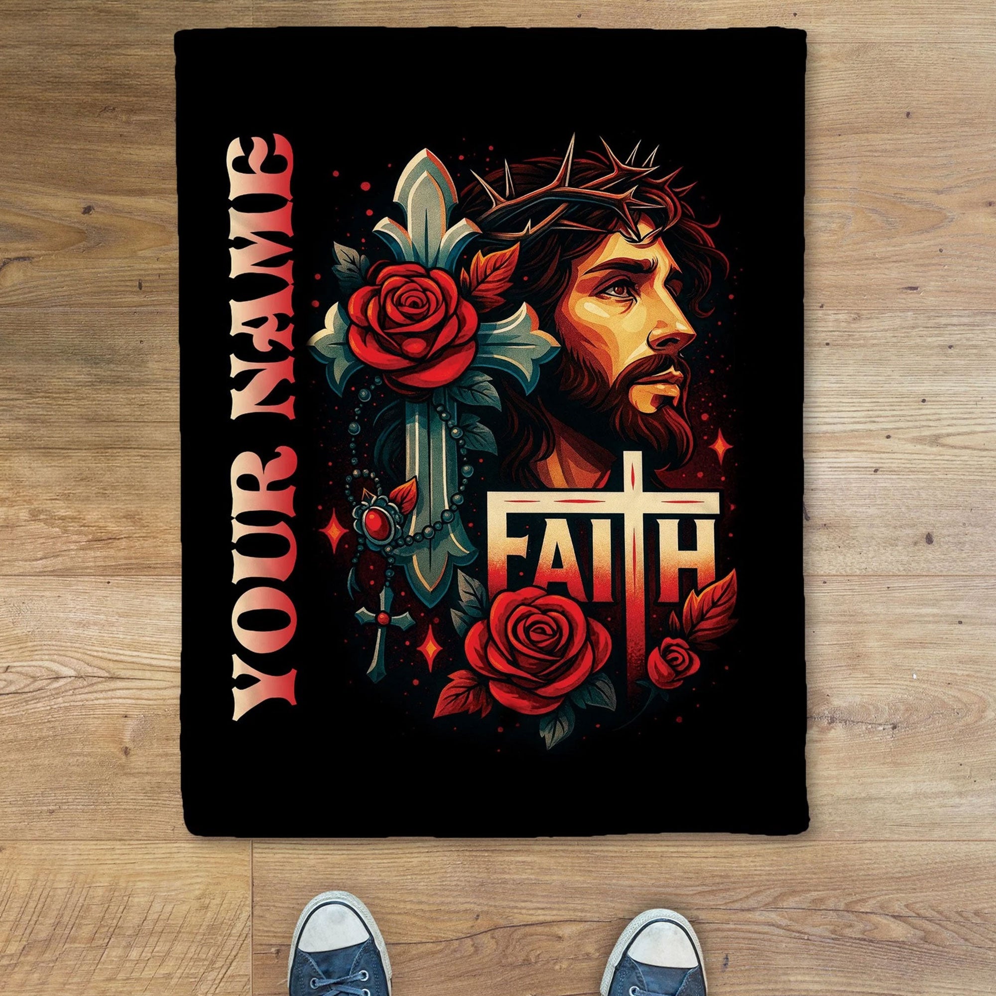 Custom Name Floral Jesus Fleece Blanket, Christian Faith Throw, Religious Gift for Believers, Inspirational Home Decor